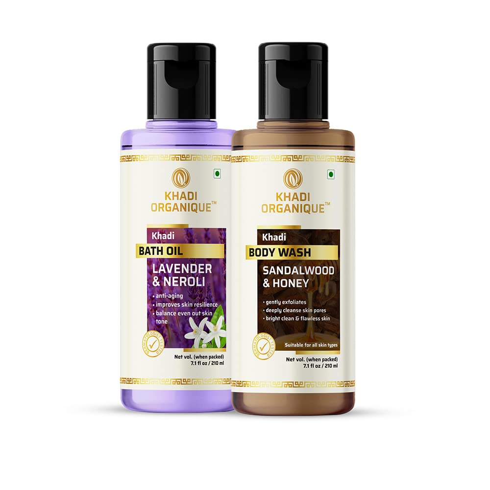 Khadi Organique Lavender & Neroli Bath Oil with Sandalwood & Honey Body Wash Combo | Organic Body Care Set for Dry Skin | Relaxing Bath & Shower Routine for Spa Day at Home
