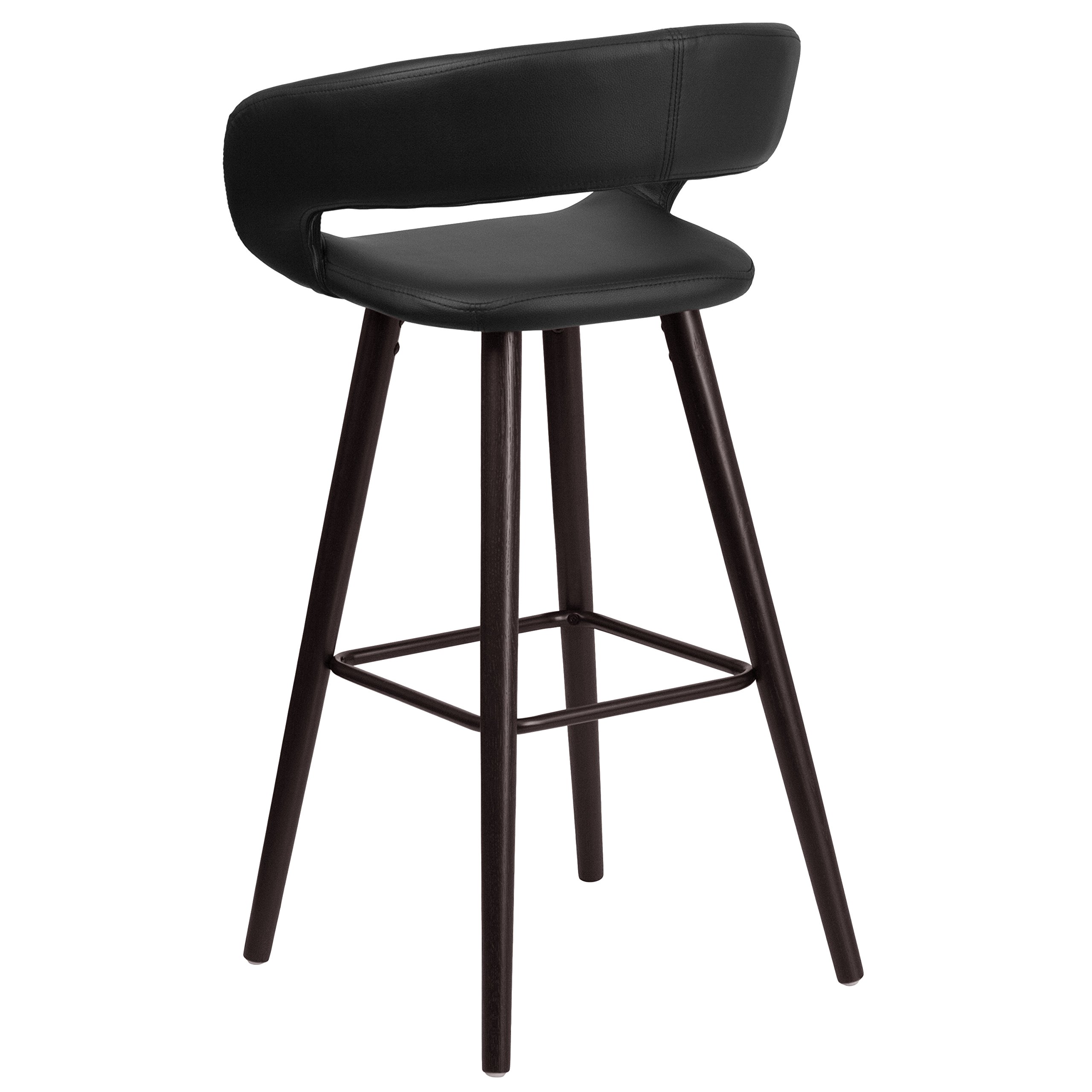 EMMA + OLIVER 29 Inch H Cappuccino Wood Rounded Open Back Bar Stool with Black Vinyl Upholstery - Perfect for Kitchen Islands, Breakfast Bars & Home Decor