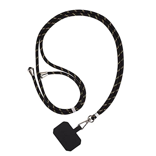 Adjustable Nylon Phone Lanyard Strap - Black & Gold Crossbody Neck Strap & Wrist Strap with 5 Decorative Patches | Compatible with Most Smartphone Cases | Perfect for Travel, Work, Gym & Outdoor Activities