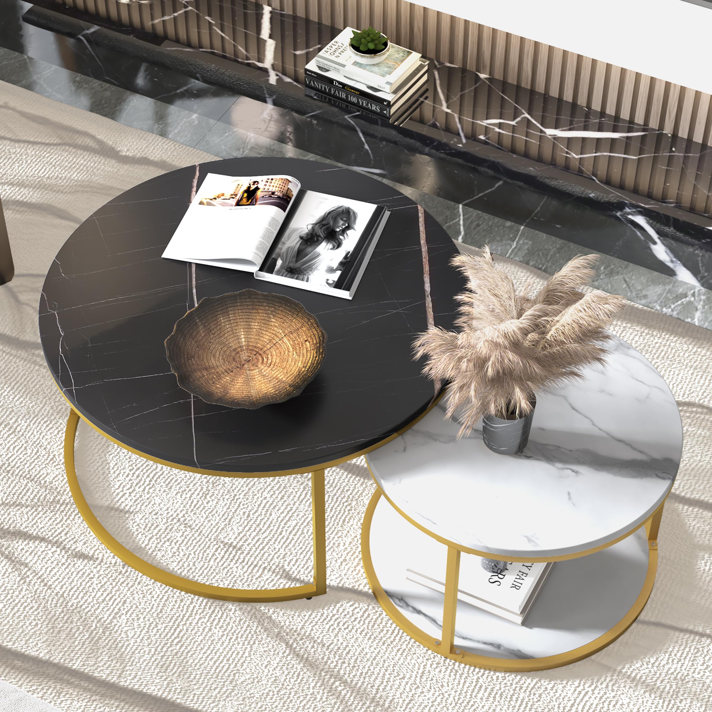 Modern Round Nesting Coffee Table Set of 2 - 34 Inch Wooden Circle Accent Tables with Sturdy Gold Metal Frame for Living Room, Balcony, Office - Black & White - Easy Assembly - Perfect for Small Spaces, Coffee Time & Home Decor