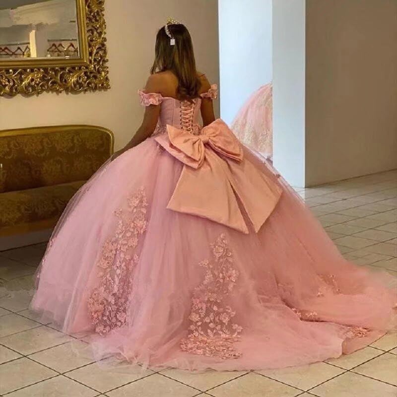 Elegant 3D Floral Lace Applique Crystal Tulle Quinceanera Dress with Off-Shoulder Sleeves - Puffy Ball Gown for Sweet 16, Prom, Wedding & Special Occasions 2025