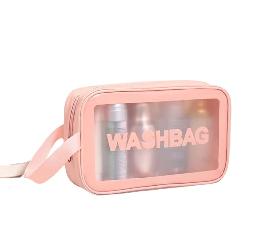 Waterproof PVC Travel Toiletries Bag - Clear Cosmetic Makeup Organizer Case for Women | Portable Wash Bag for Business Trips, Vacation & Bathroom Storage | Medium Size Pink Carry Pouch