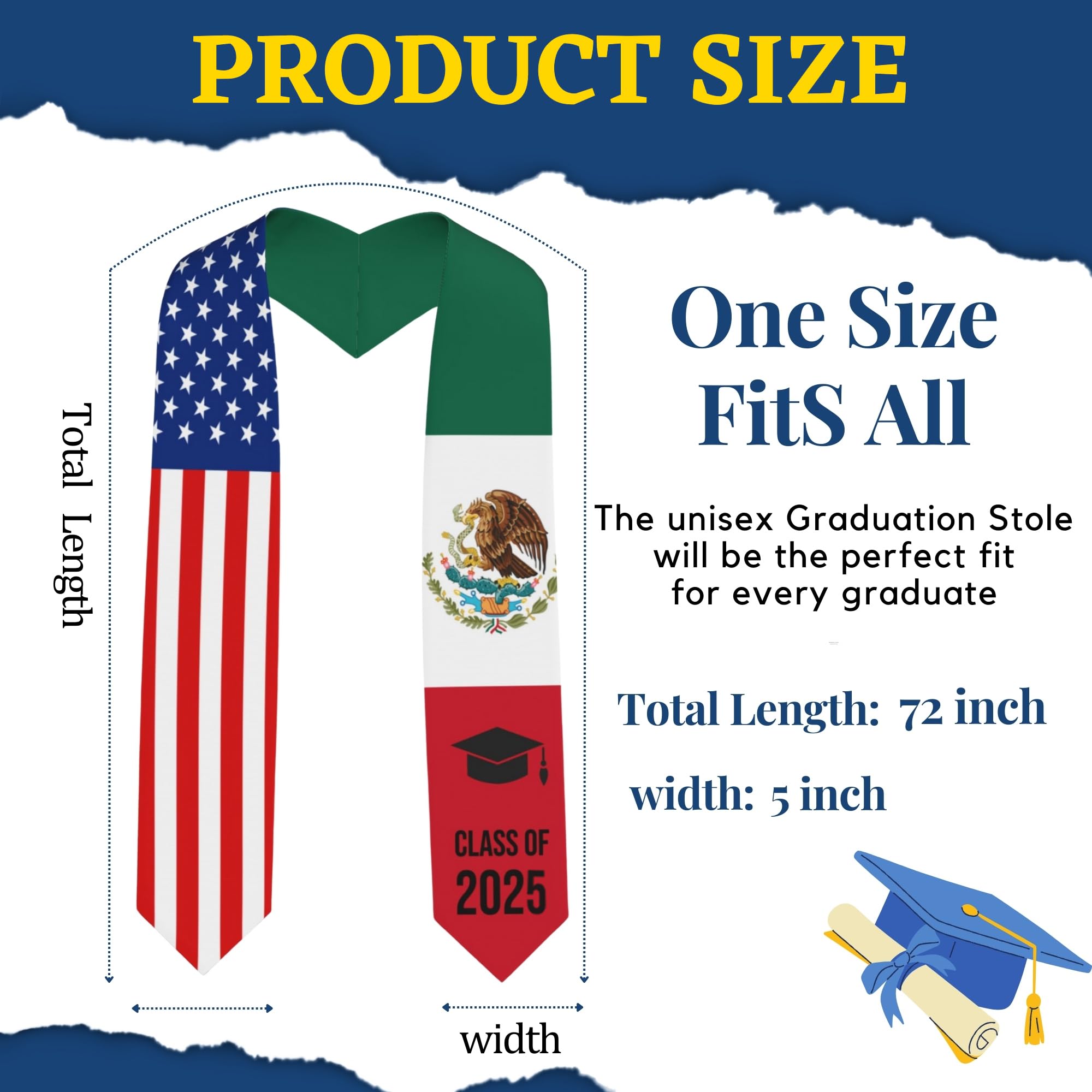 2025 Graduation Stole & Sash - 72 Inch Class of 2025 Flag Stole for High School & College Graduation Ceremony - Perfect for Graduation Day Photos & Commencement Events