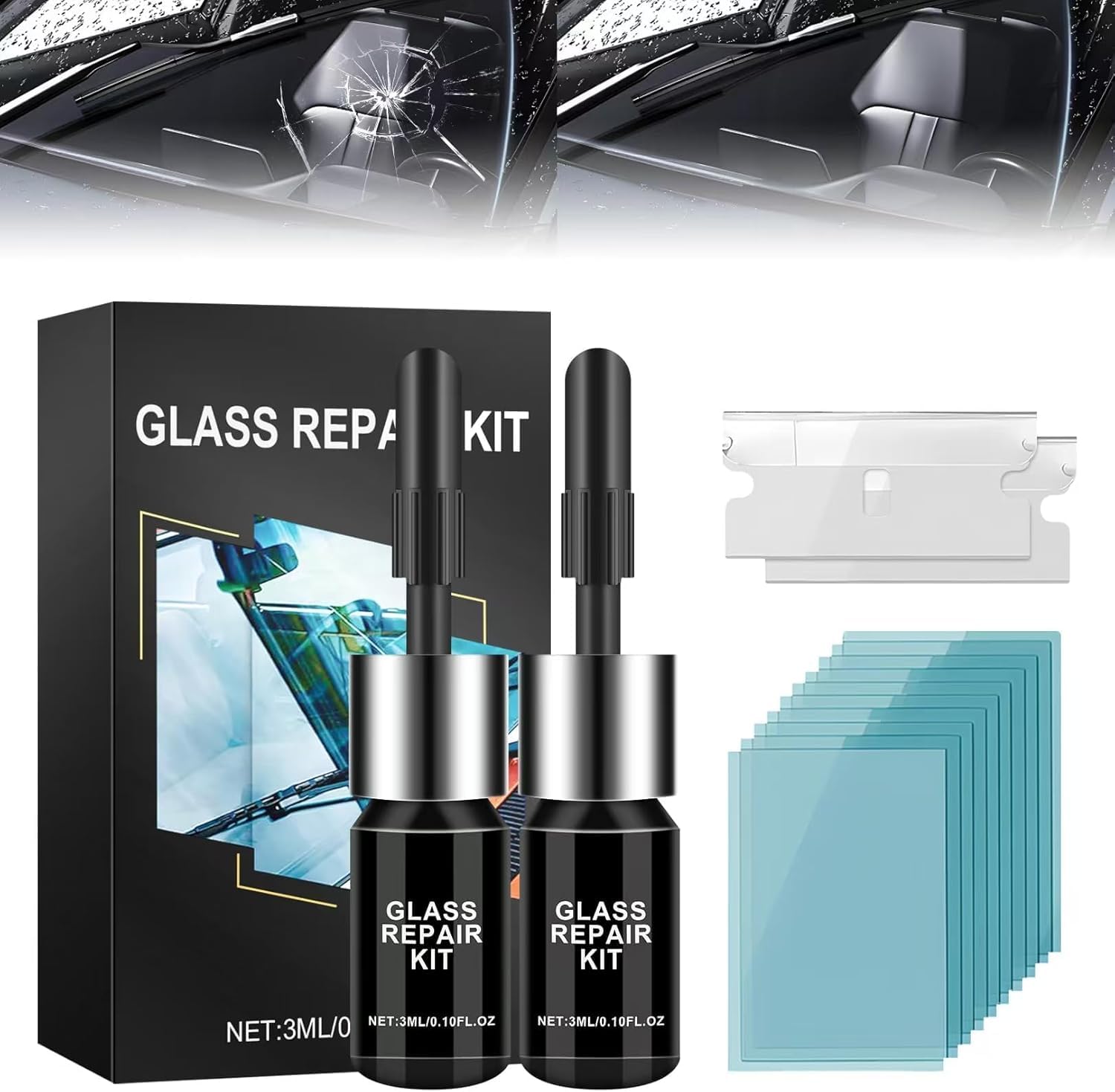 Windshield Repair Kit - 2 Bottles Car Glass Crack & Chip Repair Fluid - Quick Fix for Chips, Cracks, Bulls-Eye & Star-Shaped Damage (Black) | DIY Auto Glass Repair for Cars, Trucks & SUVs