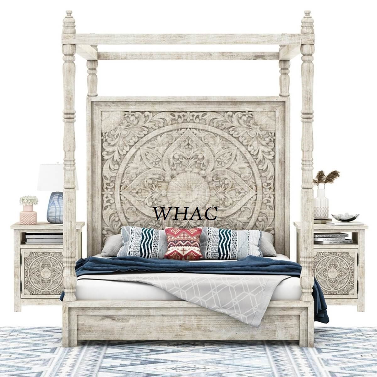 Hand Carved Solid Wood Canopy Platform Bed with Headboard - Queen Size Bed Frame for Master Bedroom, Rustic Wooden Bed for Farmhouse & Bohemian Style Bedrooms