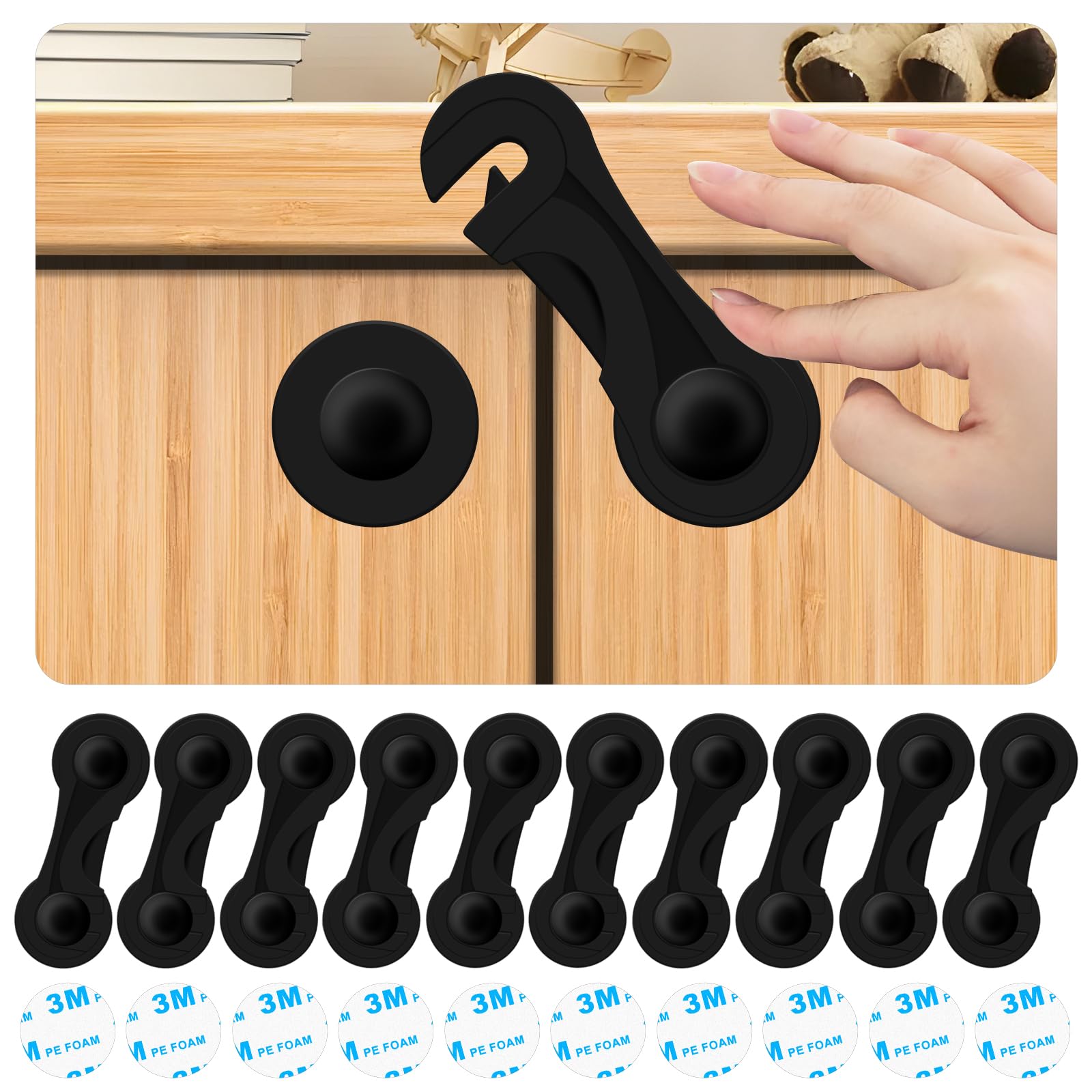 10-Pack Child Safety Cabinet Locks - No Drill Baby Proofing Locks with 3M Adhesive for Drawers, Fridge, Oven & Toilet Seat - Easy Installation Black (Perfect for Childproofing Kitchens, Bathrooms & Home Appliances)
