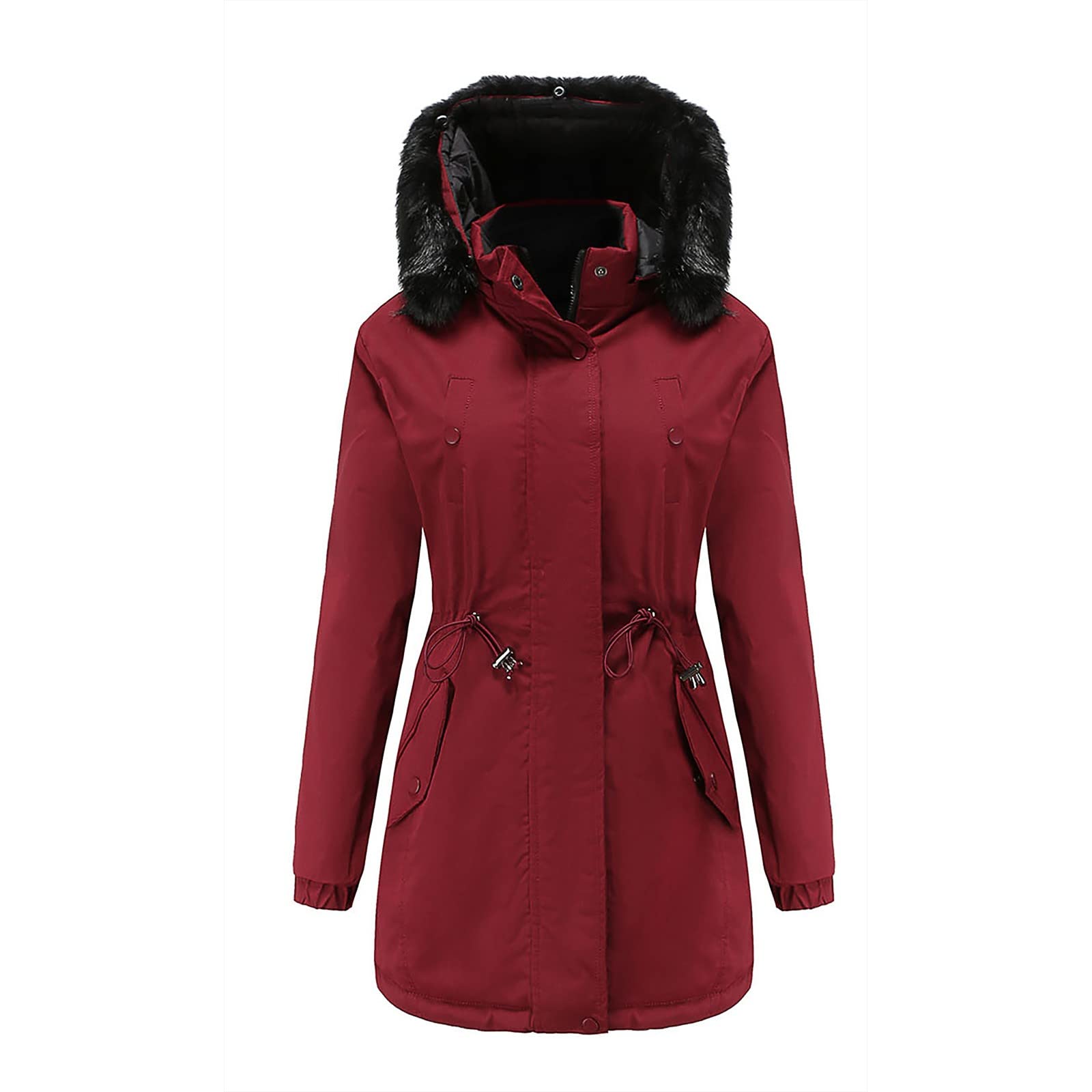 Women's Mid-Length Hooded Winter Coat - Solid Color Fleece-Lined Warm Padded Jacket with Fur Collar | Plus Size Cold Weather Outerwear for Snow, Travel & Daily Commute