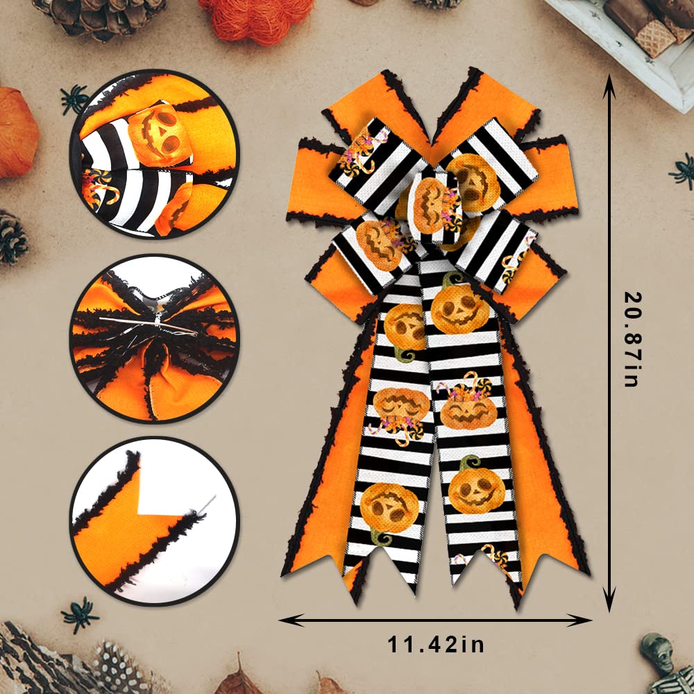 Large Halloween Bows for Wreaths - Orange Burlap & Black White Striped Pumpkin Wreath Bows | Holiday Tree Topper & Front Door Decor for Halloween Party | Perfect for DIY Wreaths, Gift Wrapping & Seasonal Home Decor