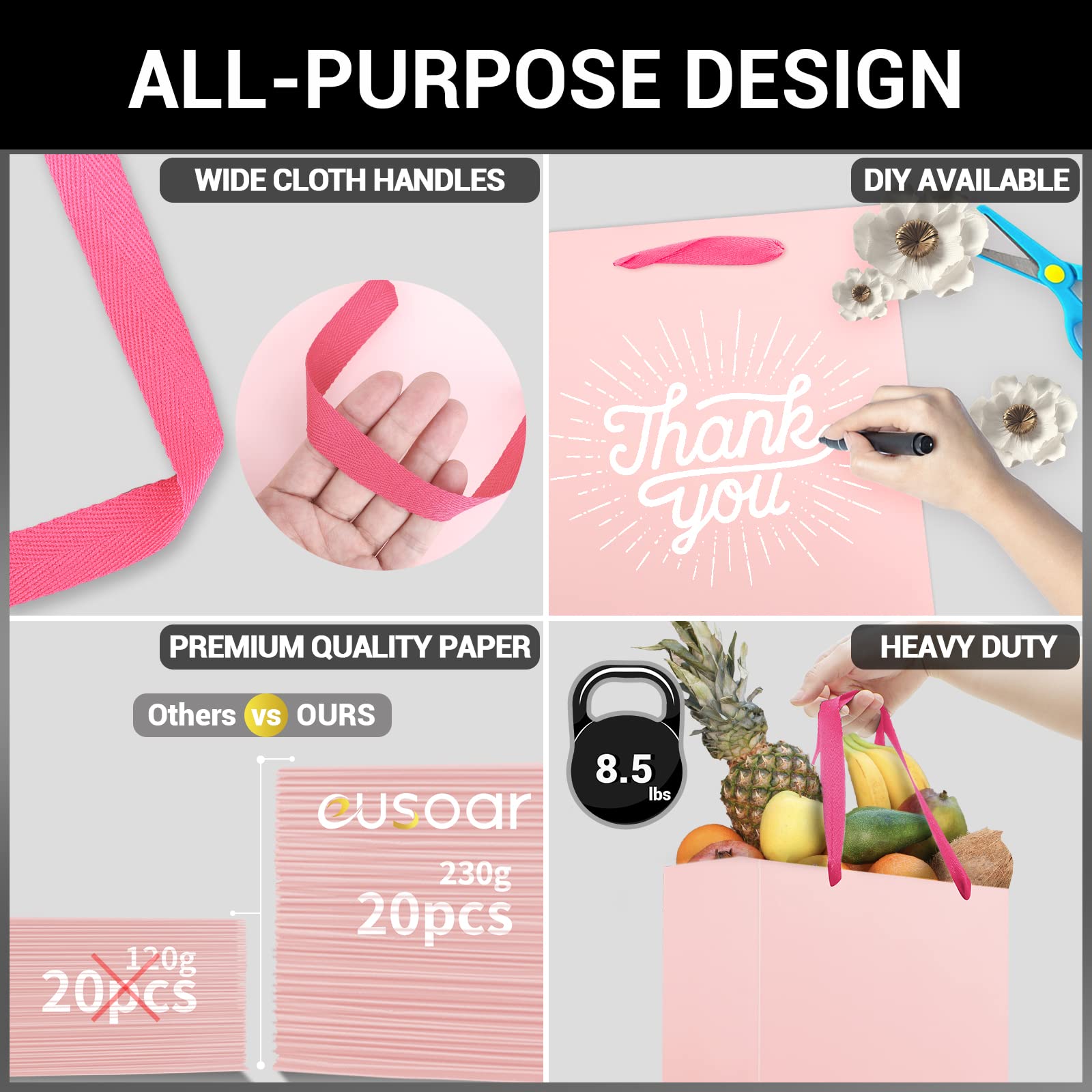 EUSOAR 20pcs Pink Kraft Gift Bags with Handles, 7.8x3.9x11 Inches - Thick & Sturdy Paper Shopping Bags for Merchandise Wrapping, Boutique Business, Conference Celebrations - Perfect for Birthday Presents, Wedding Favors, and Retail Packaging