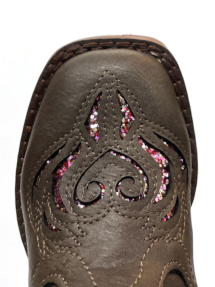 Roper 09 017 1901 2015 Toddler Girls' Glitter Breeze Square Toe Western Cowboy Boots - Brown Leather Booties for Kids - Perfect for Rodeo, Dance & Western Fashion