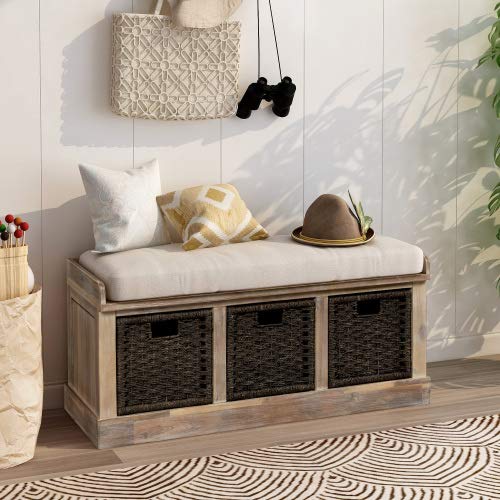 White Washed Wood Storage Bench with 3 Rattan Baskets & Removable Cushion - No Assembly Needed Entryway Bench for Hallway, Bedroom or Living Room Organization