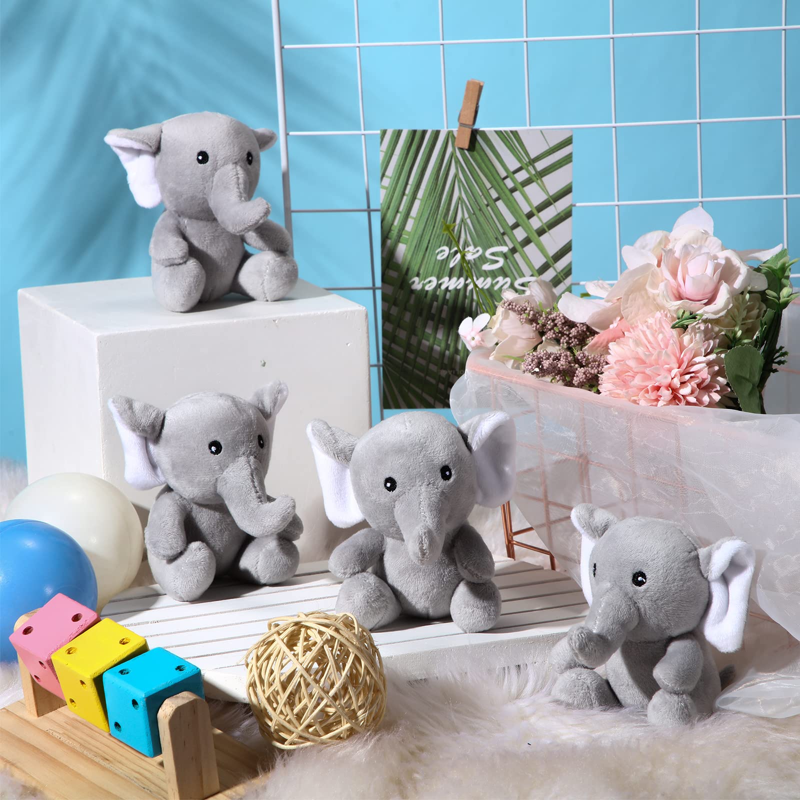 Skylety 4PCS Mini Elephant Stuffed Animals - Soft Cute Plush Toy for Baby Shower, Gender Reveal, Birthday Party Gifts (4 Inch, Grey) | Perfect for Nursery Decor, Kids Room, Carnival Prizes & Toddler Comfort