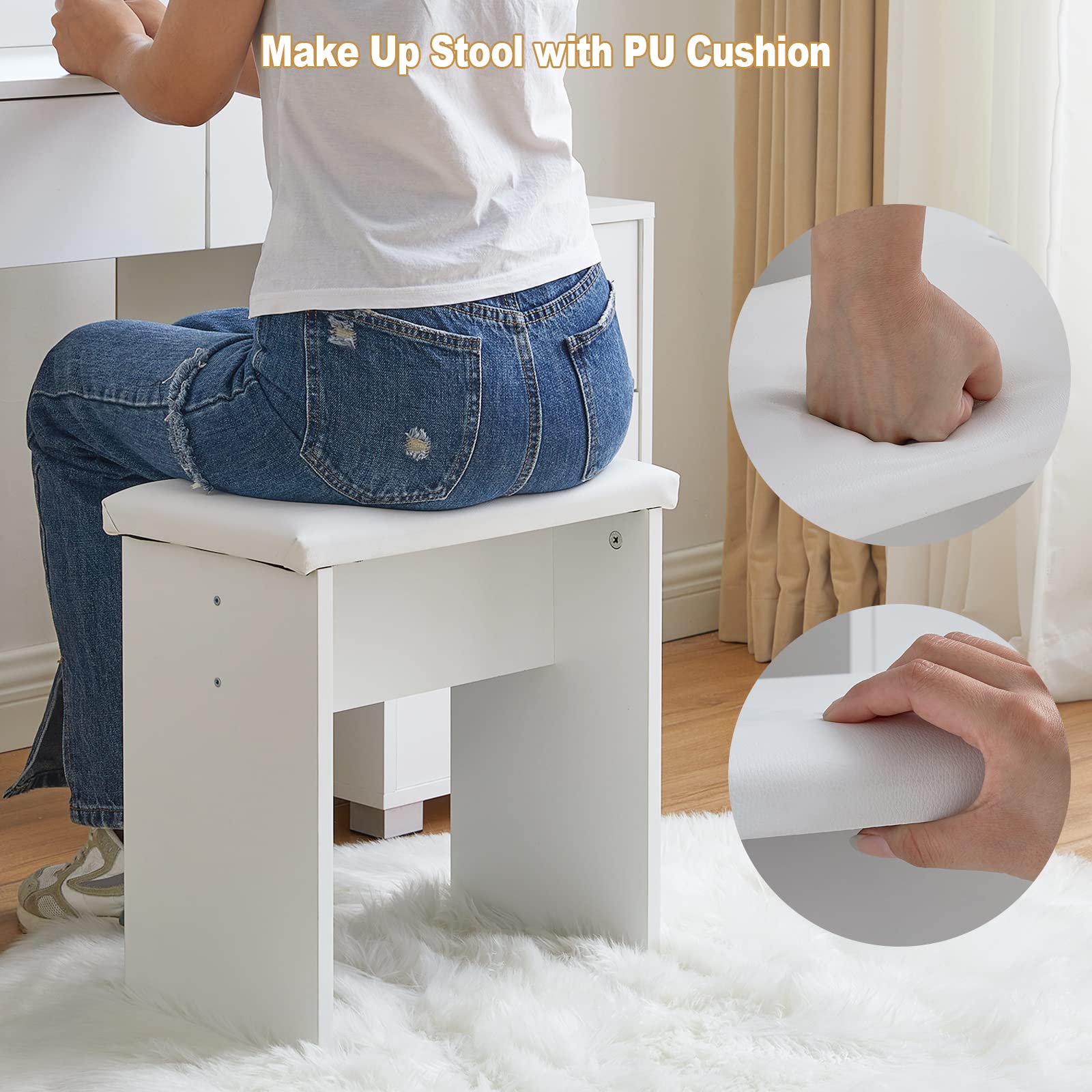 LED Vanity Mirror with Stool - 5-Drawer Makeup Desk for Bedroom