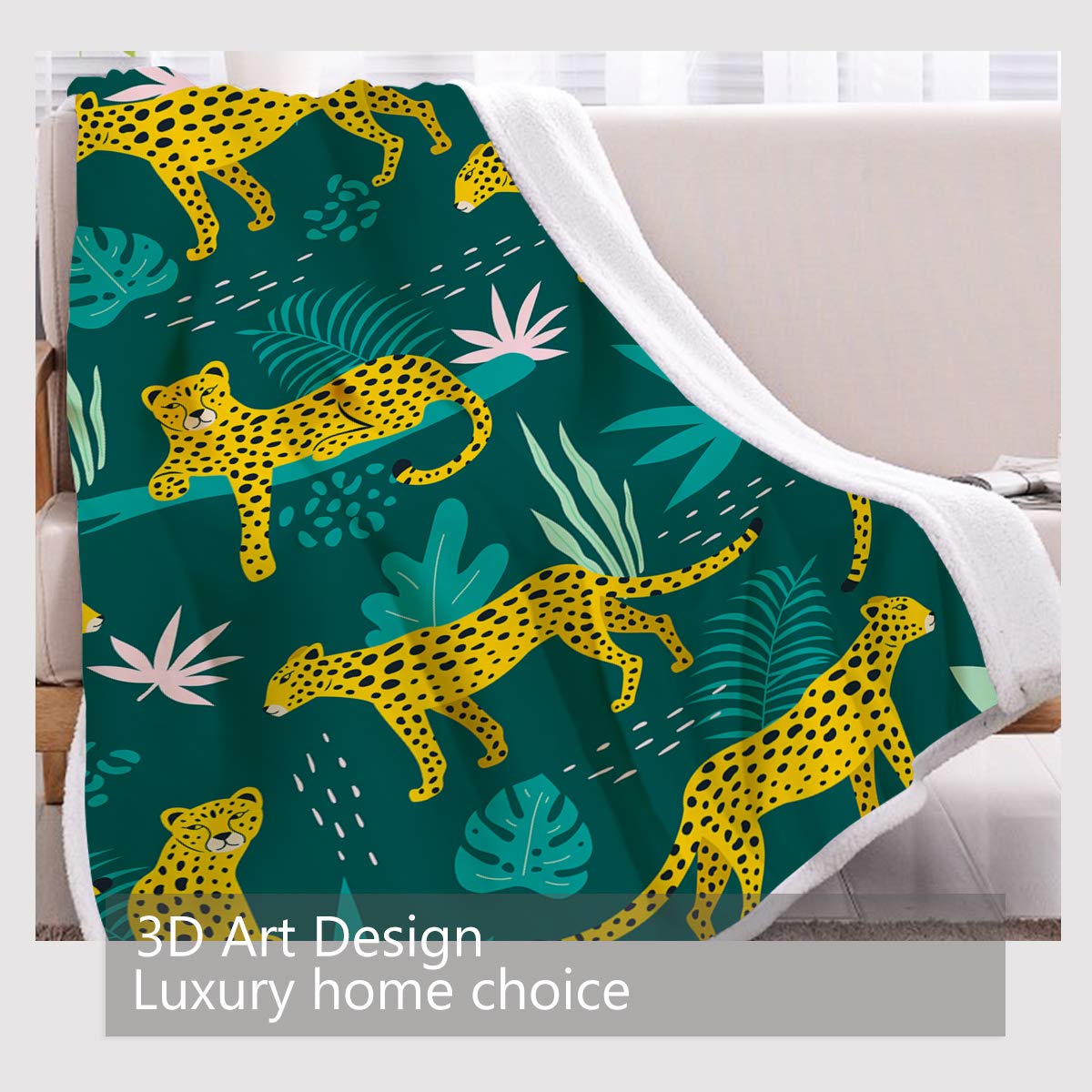 BlessLiving Leopard Print Soft Blanket - Green Tropical Palm Leaves Sherpa Plush Fleece Throw (50