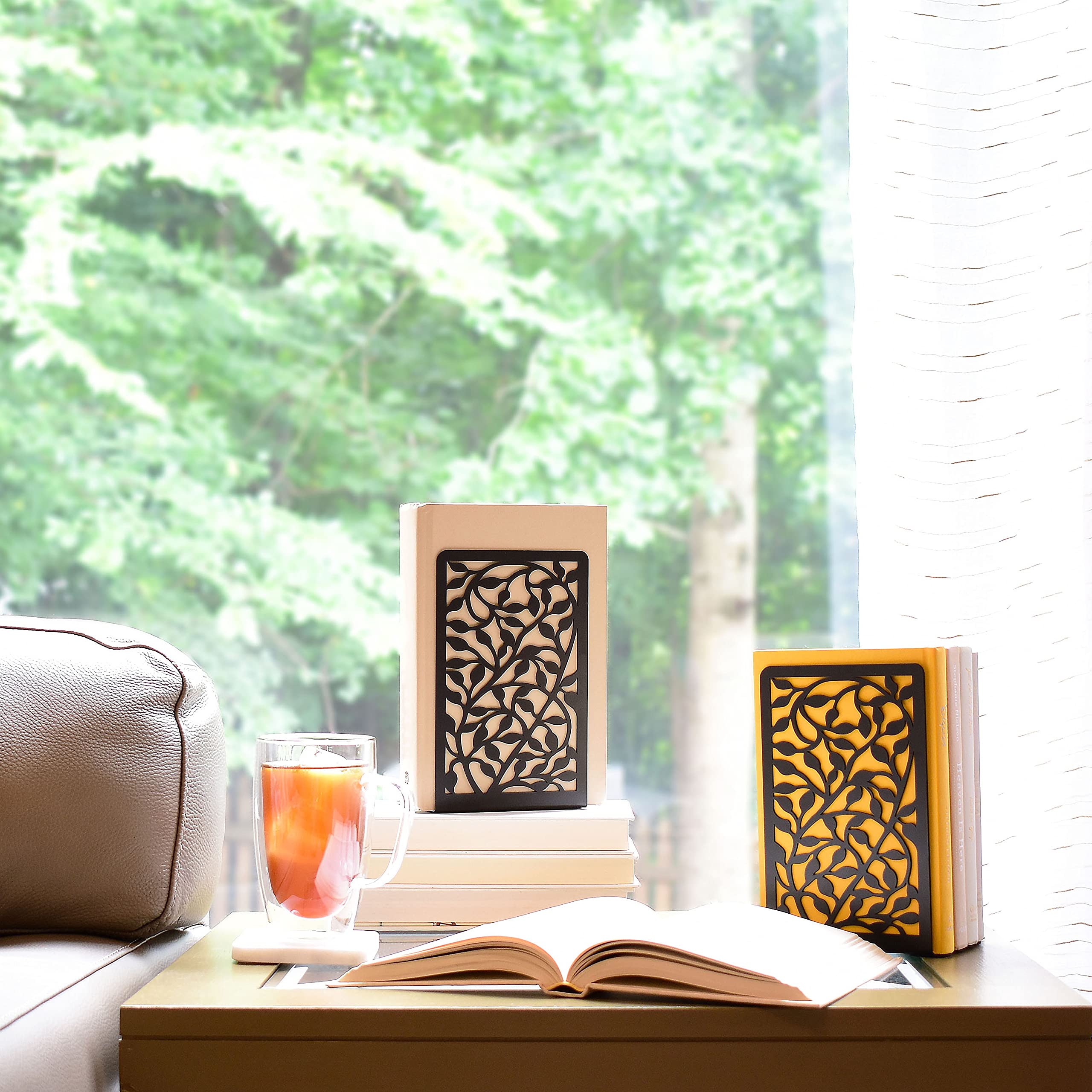 CNK Metal Bookends for Heavy Books - Set of 2 Black Infinite Leaf Design Book Holders for Home Office & Bookshelves - Perfect for Organizing Books, Decorative Display, and Securing Large Volumes