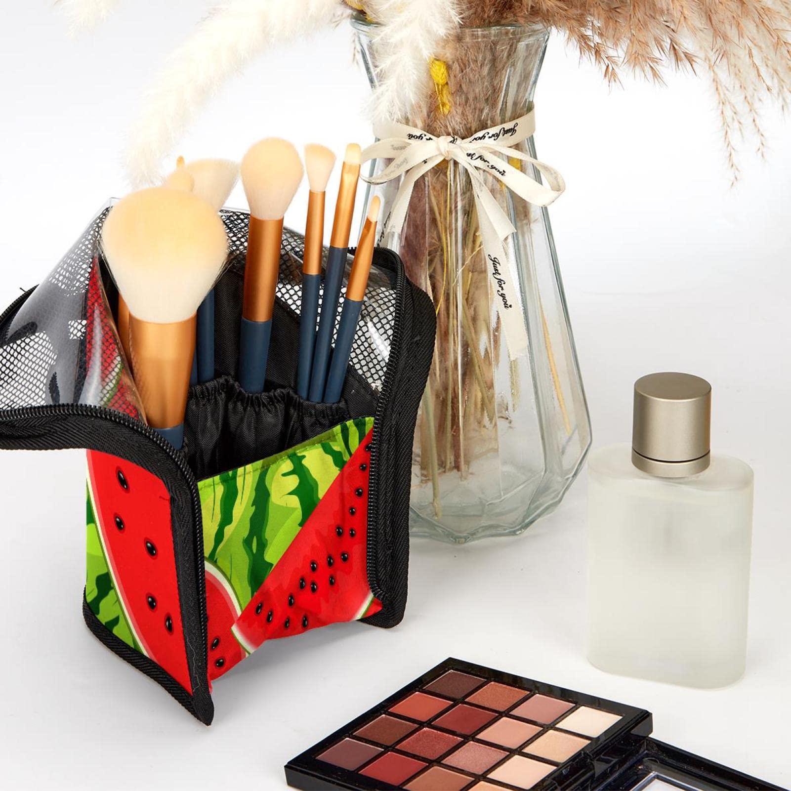 Portable Makeup Brush Organizer Bag with 12 Slots - Watermelon Summer Fruit Design, Travel-Friendly Cosmetic Brush Holder Case for Makeup Artists & On-the-Go Touch Ups