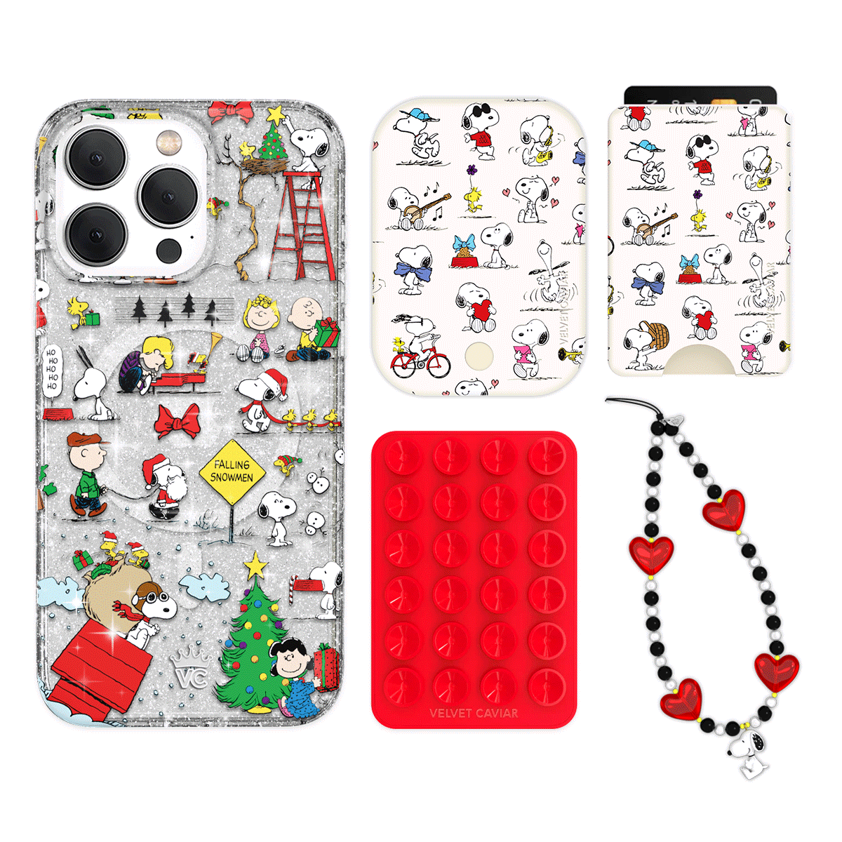 Snoopy Christmas Glitter iPhone Case with Wallet - Cute Cartoon Character Phone Cover & Card Holder Set - Perfect Holiday Gift for Fans, Family & Friends (Great for Travel, Shopping & Daily Use)