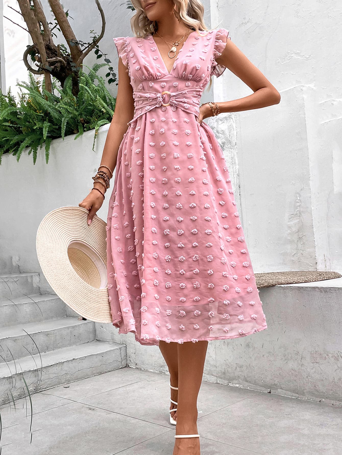 Swiss Dot V Neck Cap Sleeve Dress - Floral Lace Summer Dress for Women, Perfect for Weddings, Parties & Casual Outings