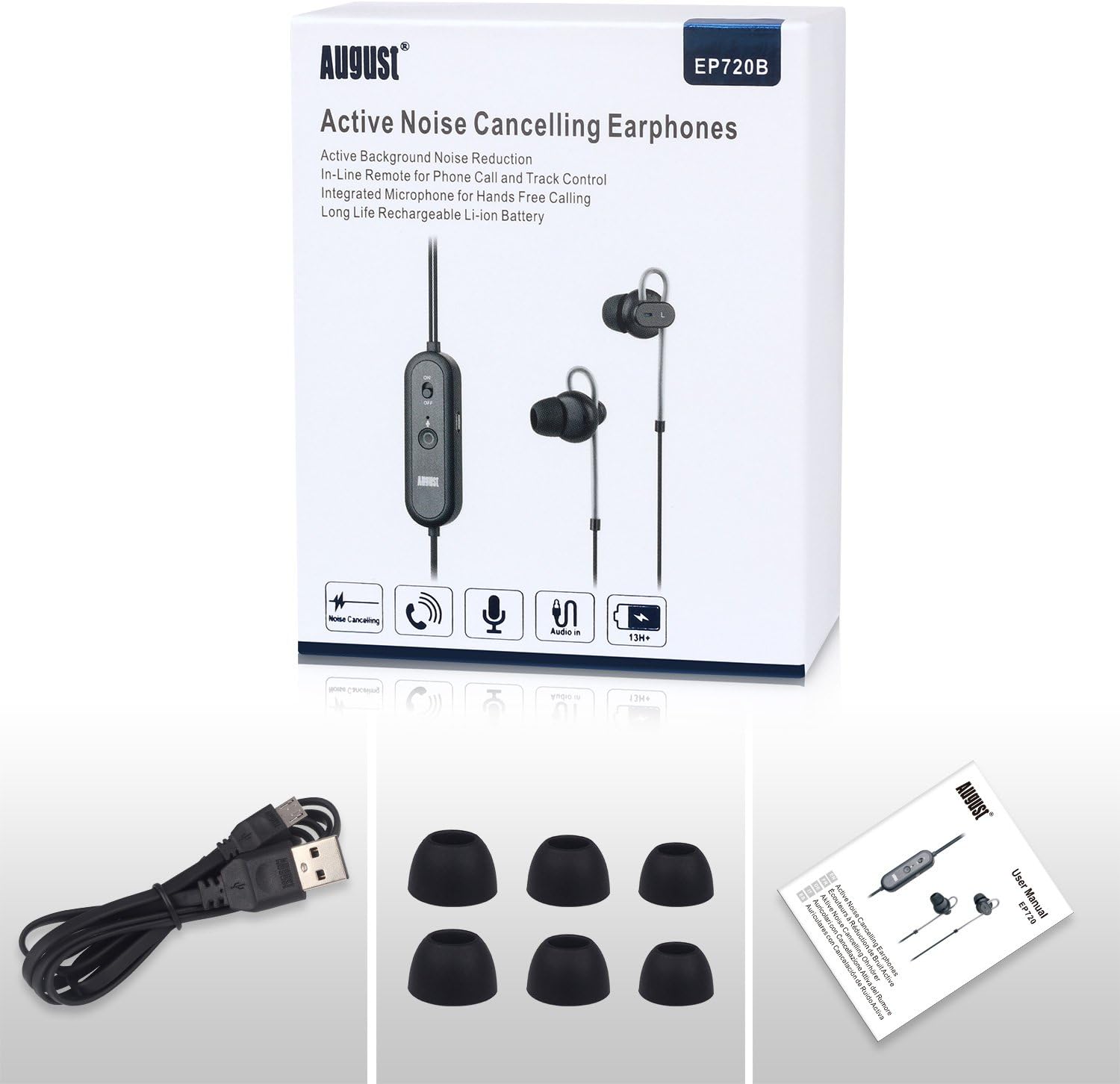 August EP720 Refurbished Noise Cancelling Wired Earphones with In-Line Remote & Mic - Perfect for Commuting, Gaming & Office Work