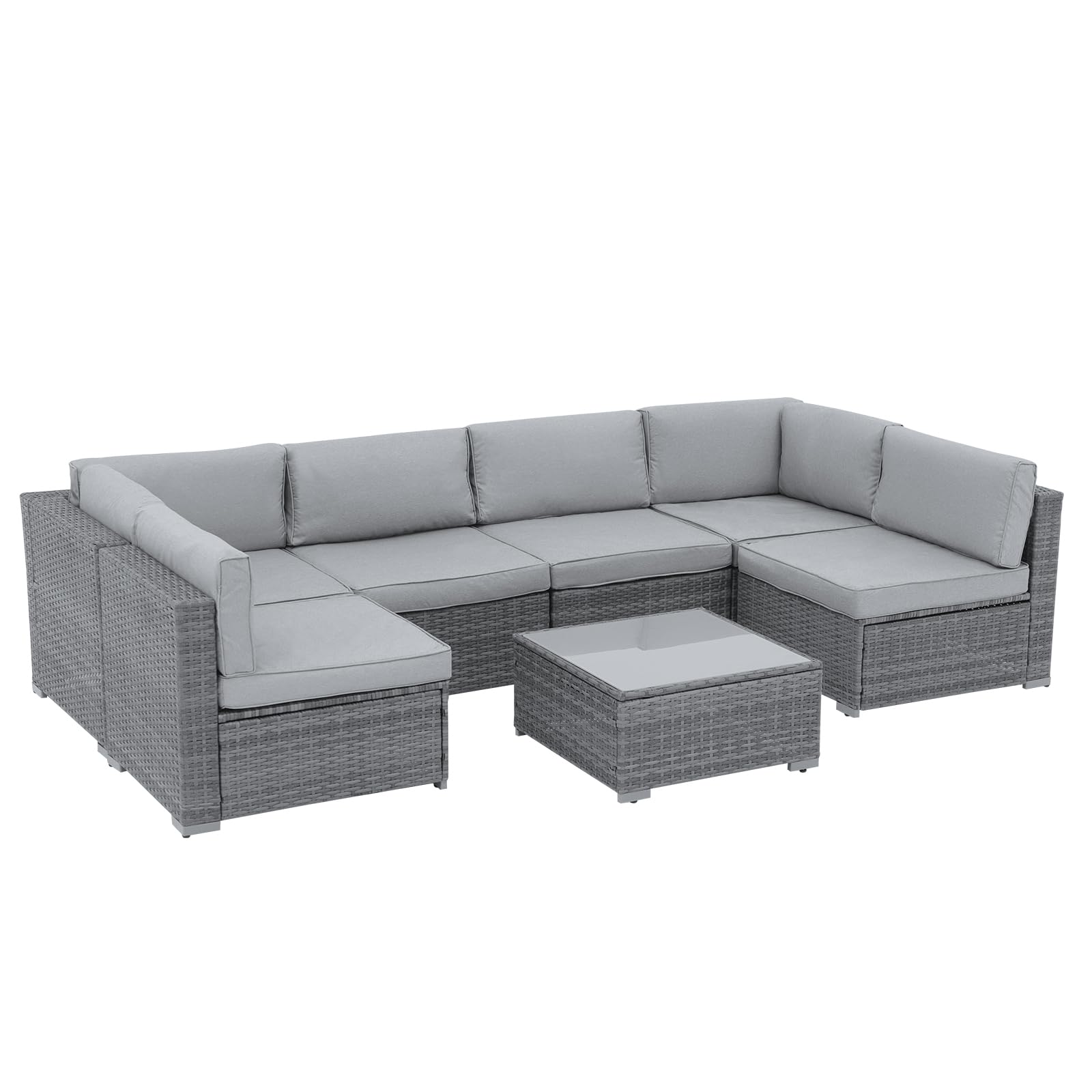 7-Piece All-Weather Outdoor Patio Furniture Set - Grey PE Wicker Rattan Sectional Sofa with Glass Table & Cushions - Perfect for Garden, Porch, Backyard and Poolside Relaxation