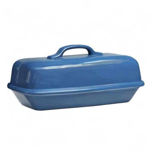 Sassafras Superstone® Covered Baker - Blue Glazed Exterior & Unglazed Interior for Perfect Artisan Italian Bread with Crusty Crust & Light Crumb | Ideal for Homemade Bread Baking, Rustic Loaves & Dutch Oven Style Cooking