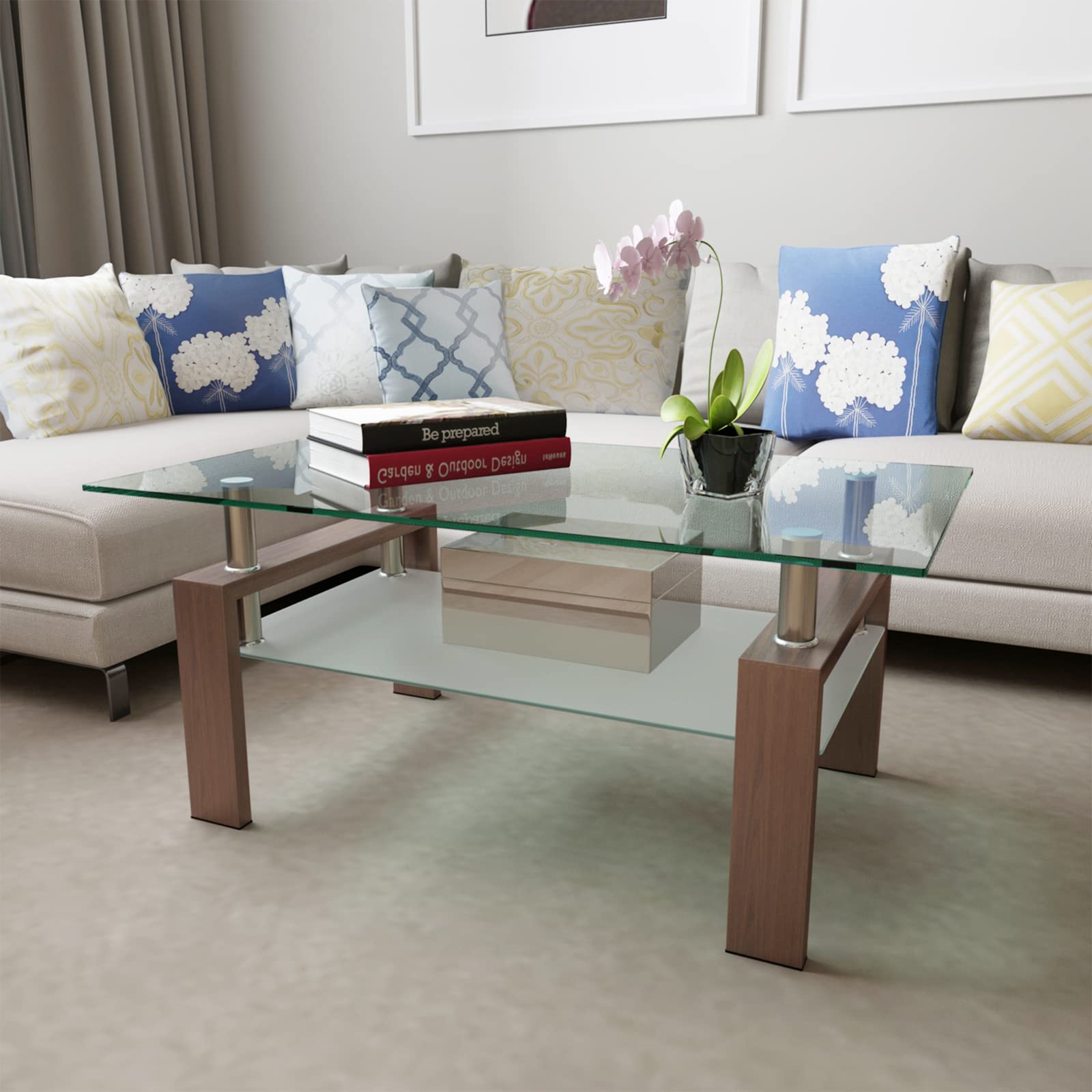 Modern Walnut Tempered Glass Coffee Table with Storage Shelf & Metal Frame - Stylish Living Room Side Table for Small Spaces, Apartments & Home Decor