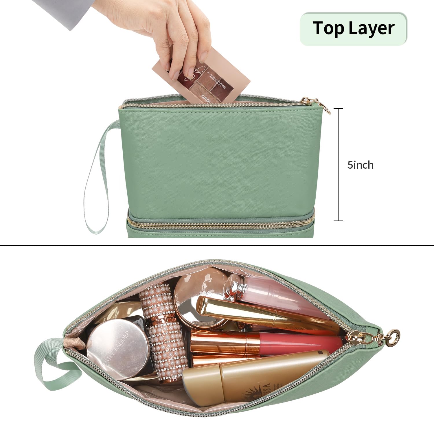 Ethereal Small Makeup Bag for Women - Double Layer Travel Cosmetic Organizer with Brush Pouch | Portable Waterproof Makeup Case for Travel, Gym & Daily Use