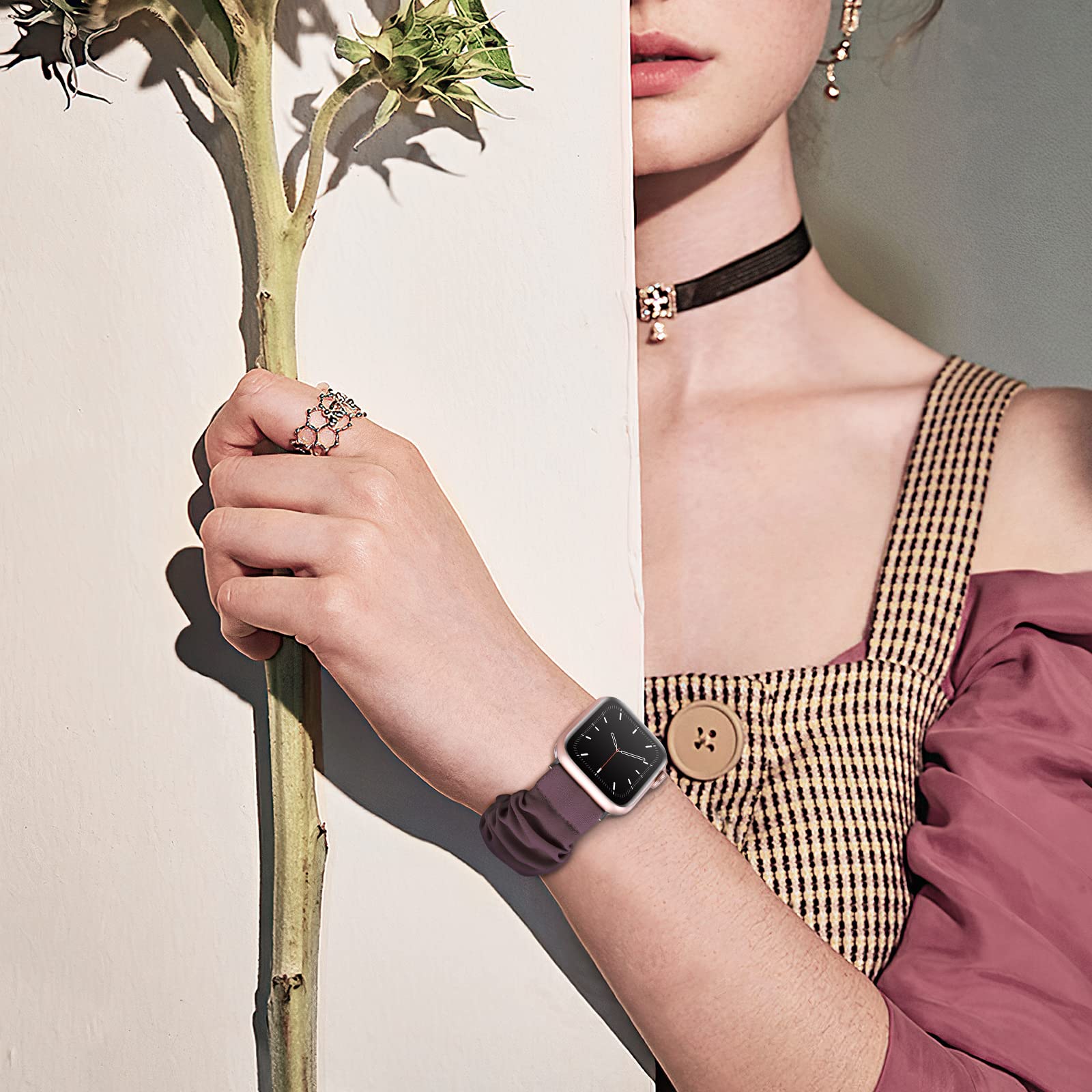 Cute Printed Scrunchie Bands for Apple Watch 38mm 40mm 41mm 42mm 44mm 45mm - Soft Elastic Solo Loop Wristband Strap Compatible with iWatch SE Series 9/8/7/6/5/4/3/2/1 - Fashionable Accessory for Women, Perfect for Workouts, Yoga & Everyday Wear
