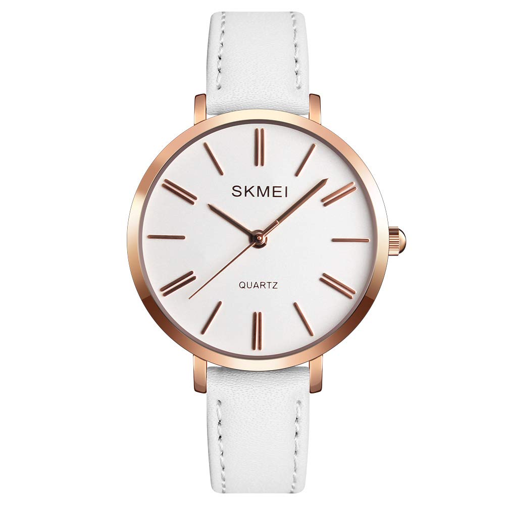 SKMEI Women's Fashion Watch - Large Face Leather Band Waterproof Quartz Analog Date Luminous - Minimalist Dress Watch for Women & Girls - Perfect for Office, Casual Wear & Gift Giving