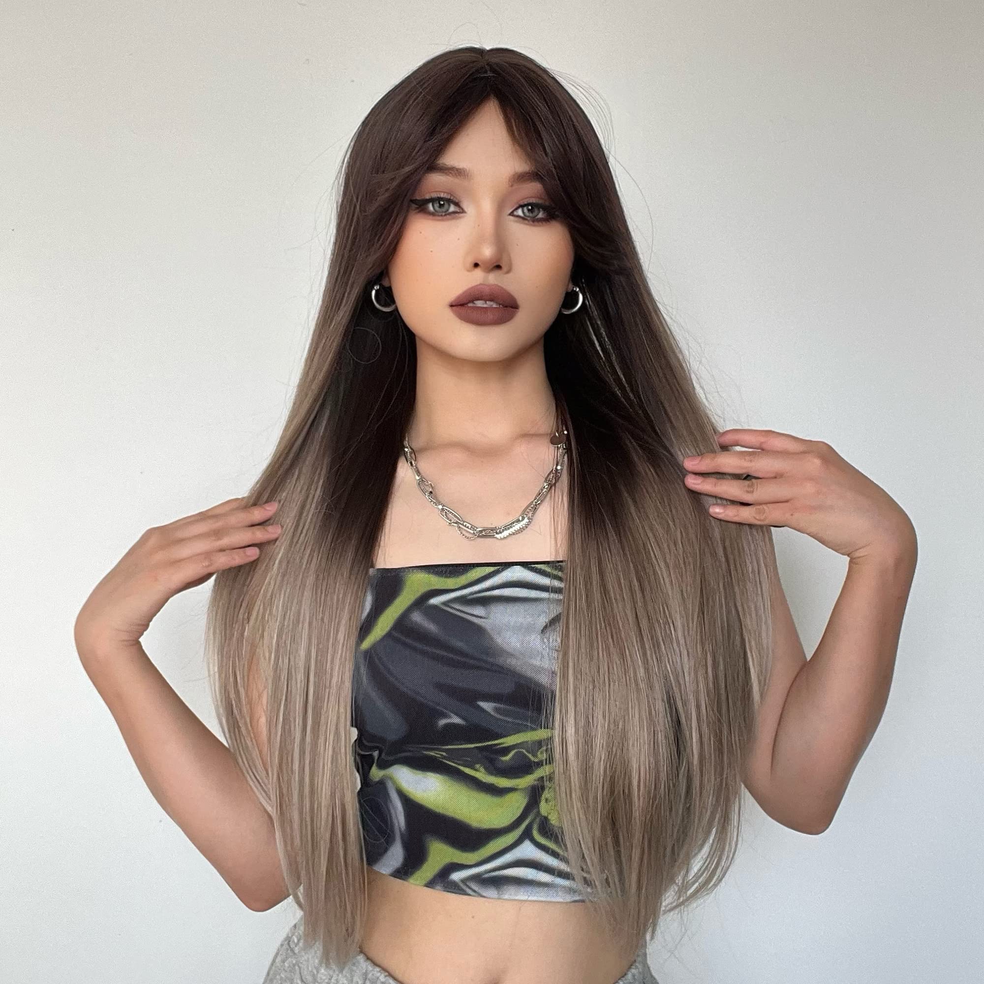 ISHINE 26-inch Long Straight Synthetic Wig for Women - Natural Looking Brown Ombre Platinum Blonde Wig with Long Bangs | Perfect for Daily Wear, Cosplay, Halloween Costume & Hair Replacement | Party, Special Occasion & Everyday Fashion Accessory
