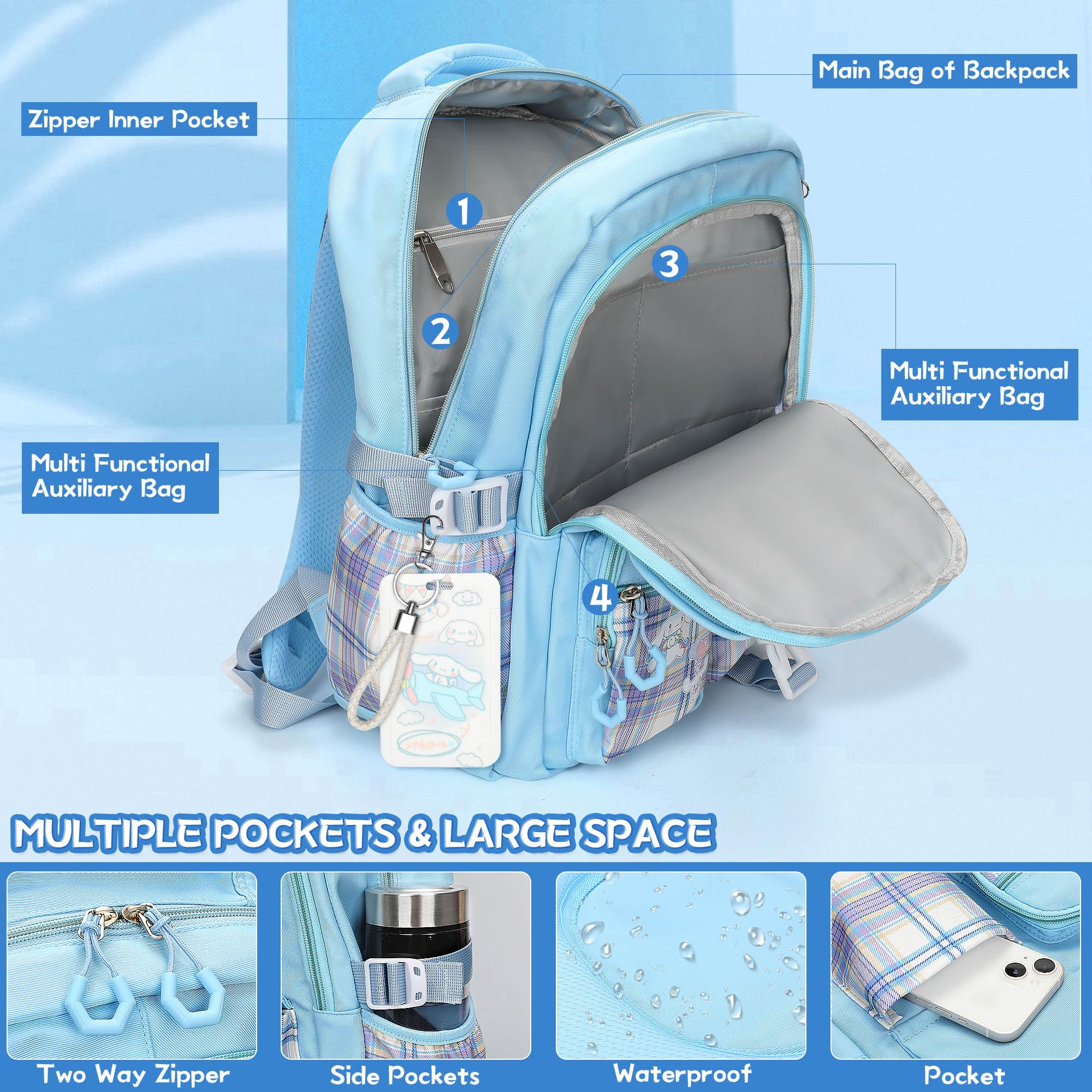 Anime School Backpack for Girls with 14Pcs Accessories - Anti-Theft Laptop Bookbag for Travel & School (Blue)
