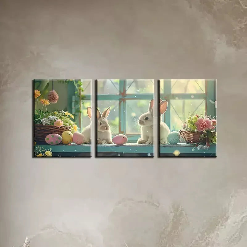 3pcs Easter Bunny Canvas Wall Art Set with Florals & Eggs - 50x70cm Framed Canvas Prints | High Quality Australian Made | Ready to Hang | Perfect for Easter Home Decor, Nursery & Living Room Wall Decor