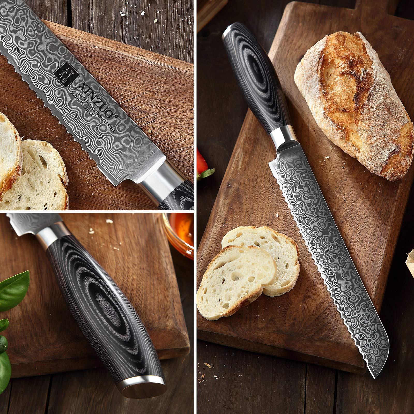 XINZUO 8 Inch Bread Knife - High Carbon 67 Layer Japanese VG10 Damascus Steel Chef Knife with Pakkawood Handle - Professional Kitchen Knife for Slicing Bread, Cake & Pastry - Perfect for Home Chefs & Bakeries