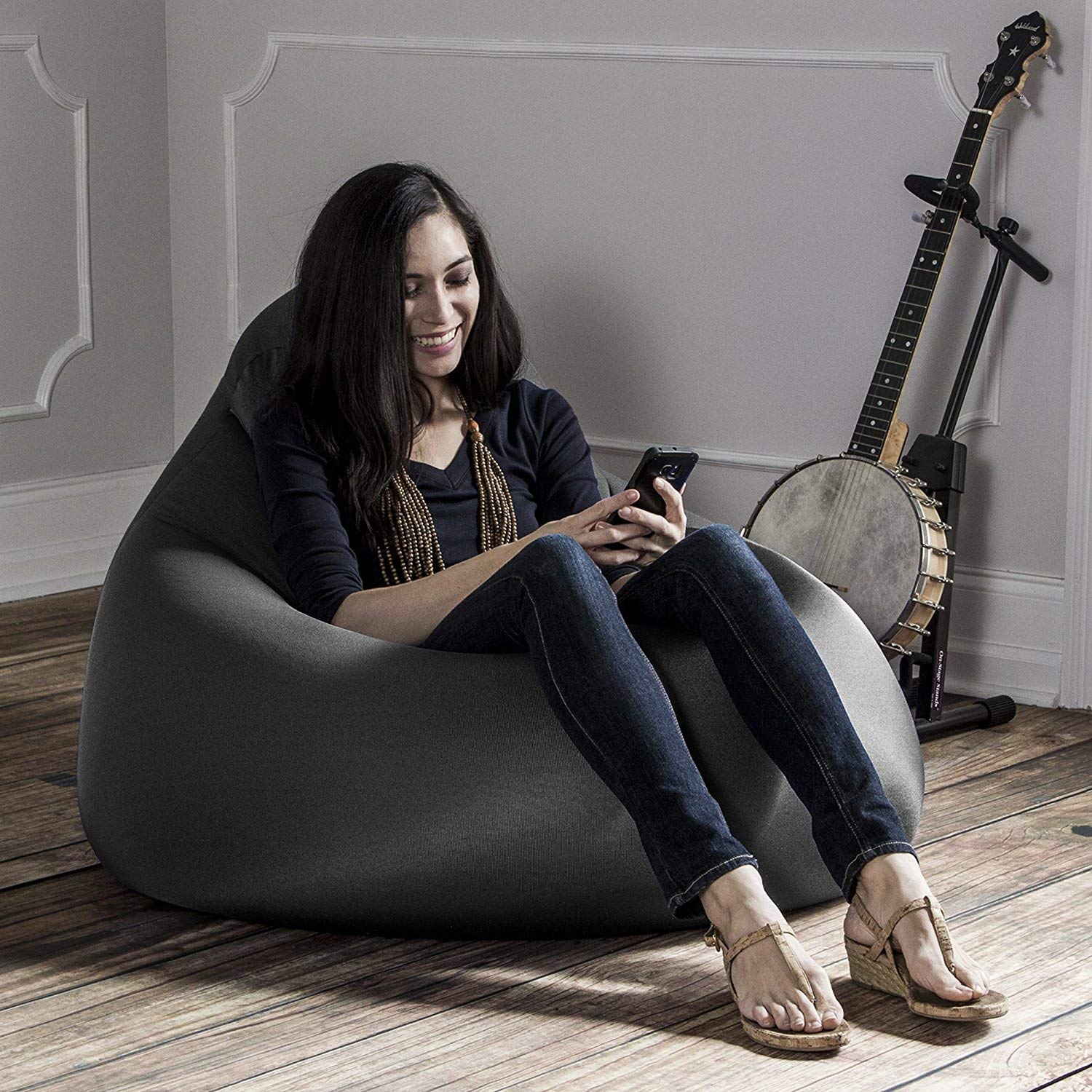 Jaxx Nimbus Spandex Bean Bag Chair for Adults - Oversized Black Memory Foam Lounger for Living Room, Game Room & Dorm - Comfortable Seating for Relaxing, Gaming & Movie Nights