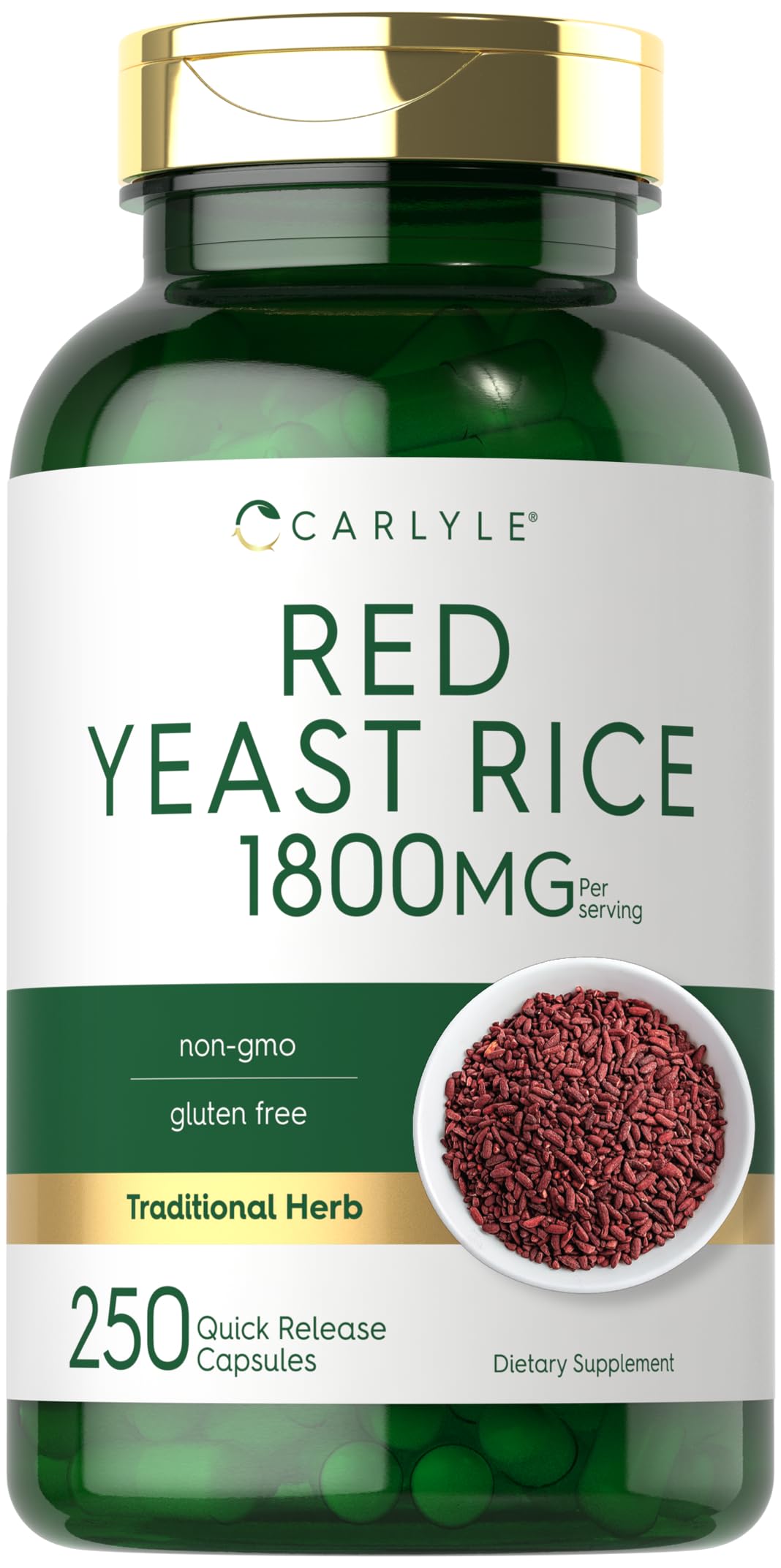 Carlyle Red Yeast Rice Supplement 250 Capsules | Non-GMO, Gluten Free, Cholesterol Support | Heart Health & Wellness Dietary Supplement for Adults