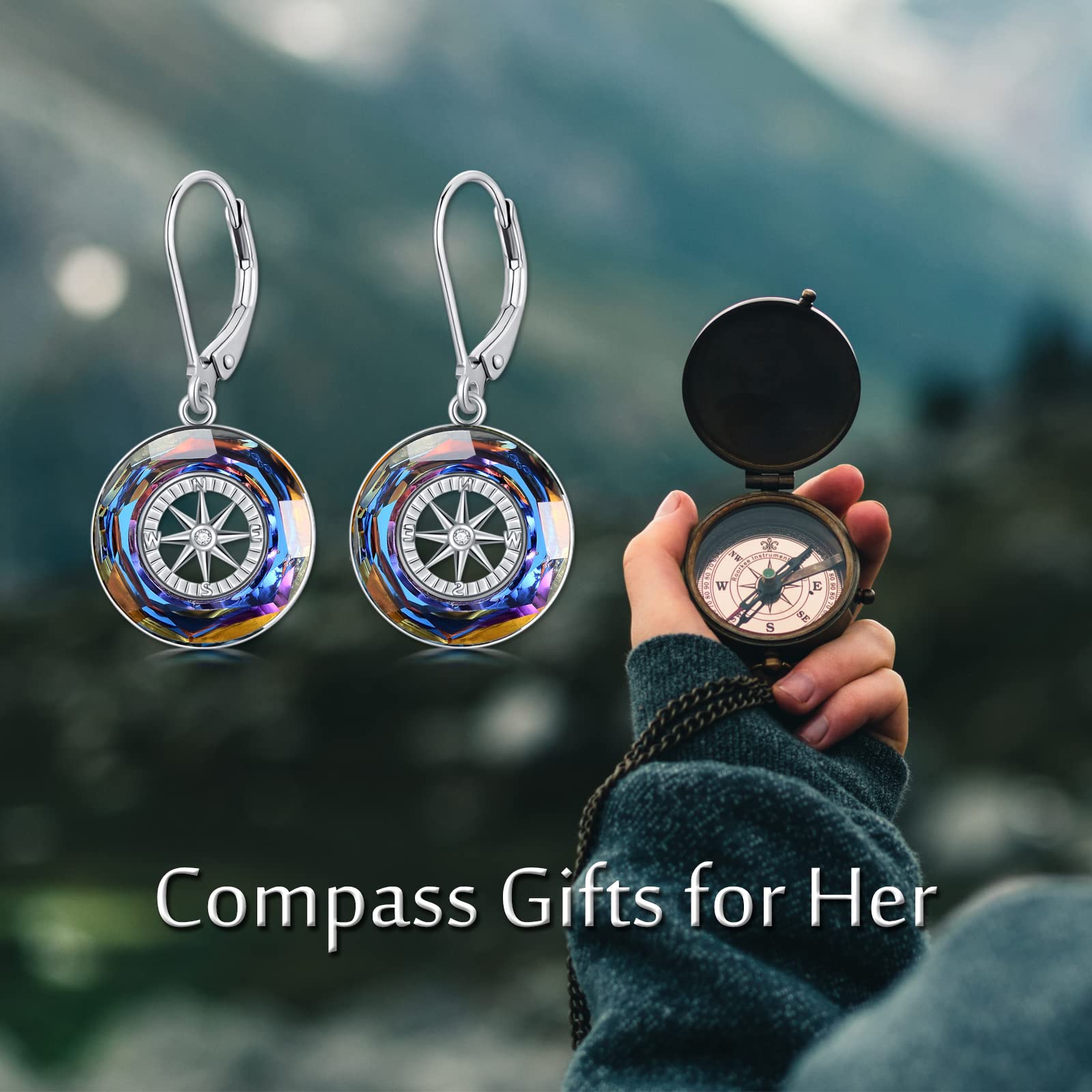 925 Sterling Silver Compass Earrings with Swarovski Crystal - Elegant Dangle Earrings for Women, Perfect Graduation Gift & Travel Jewelry for Adventurous Souls | Ideal for College Graduation, Wanderlust Trips & Everyday Wear
