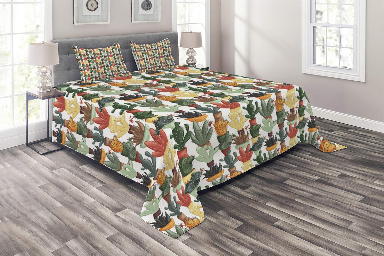Ambesonne King Size 3-Piece Cactus Quilt Set with 2 Pillow Shams - Mexican Succulent Botanical Bedspread Coverlet, Multicolor Home Decor for Bedroom & Guest Room