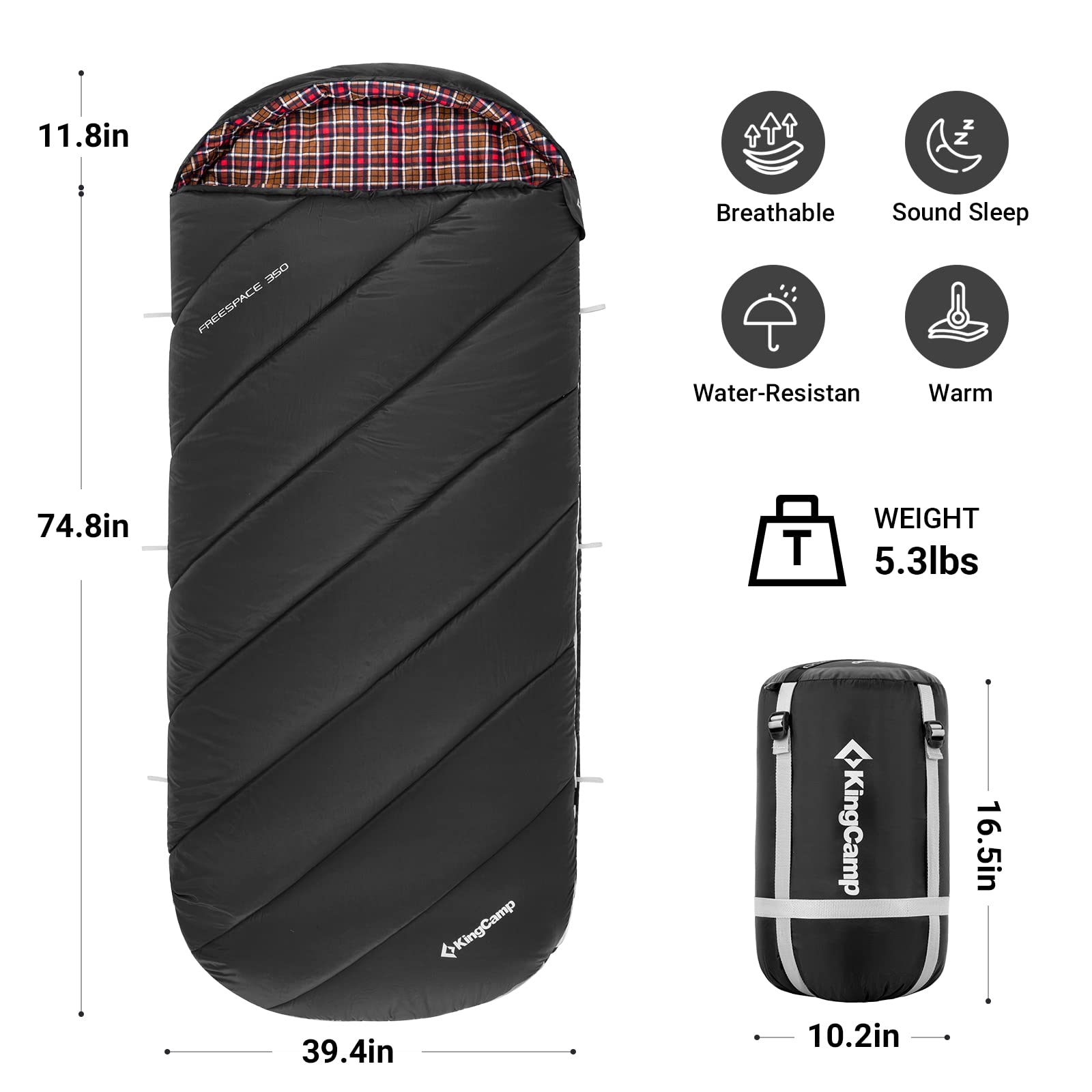 KingCamp Big and Tall Sleeping Bag with 3D Sides Self-Inflating Camping Pad - Warm Comfort for Outdoor Adventures, Hiking, Backpacking & Cold Weather Camping