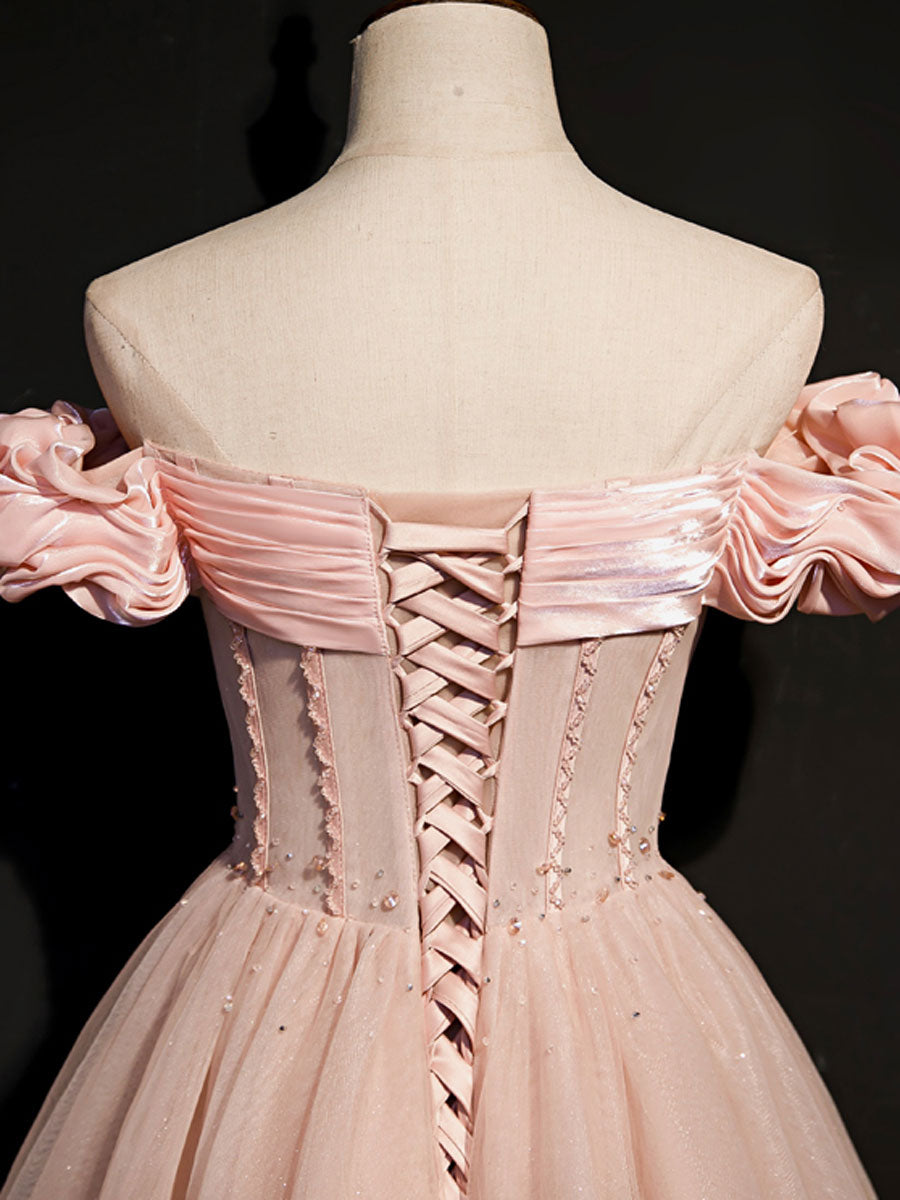 Elegant A-Line Pink Long Prom Dresses with Beading - Sparkly Tulle Formal Graduation Gowns for Women | Perfect for Homecoming, Quinceañera & Special Occasions