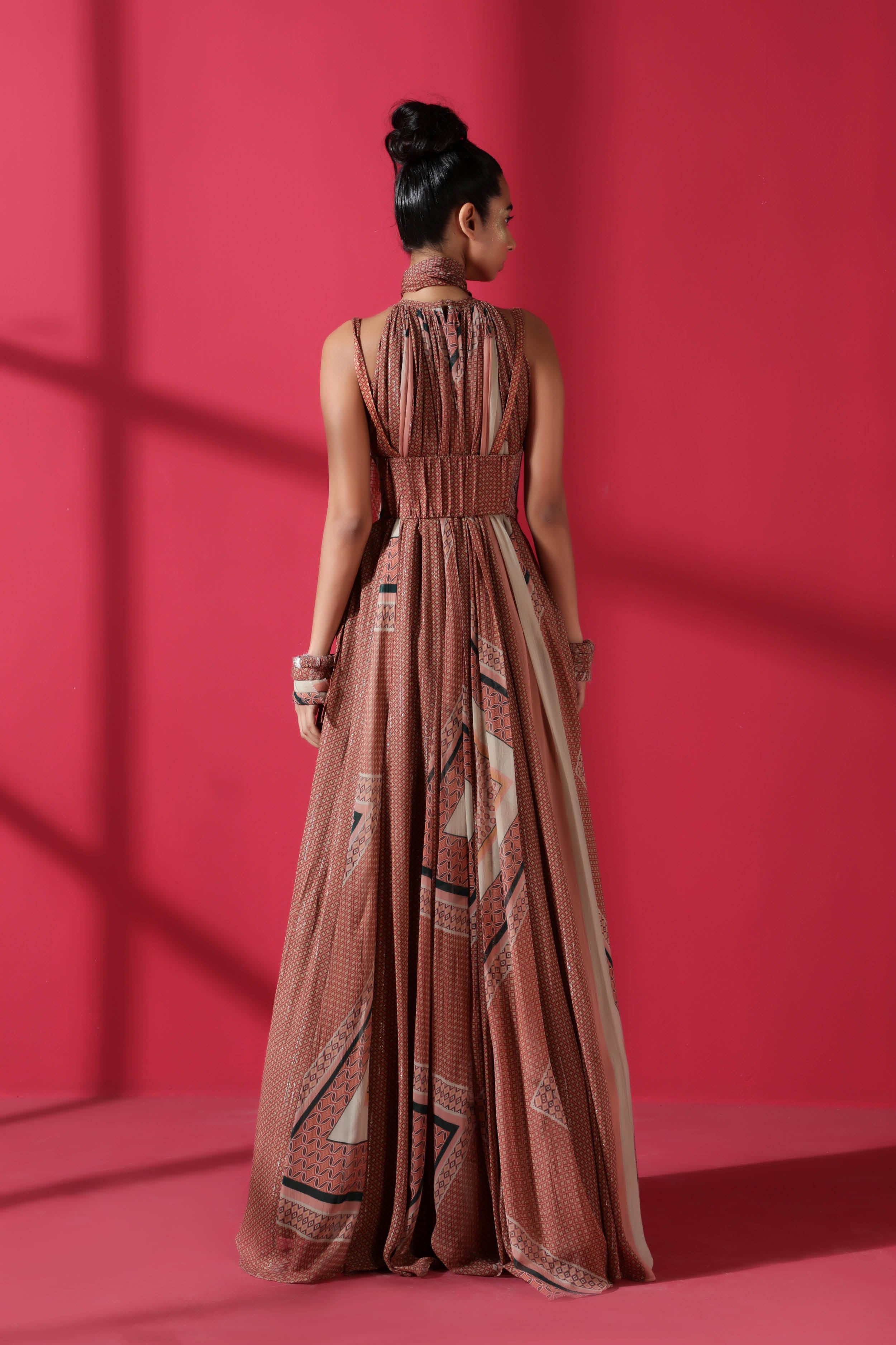 Stylish Terracotta Mix Print Maxi Dress with Matching Scarf - Boho Chic Summer Dress for Beach Vacations & Outdoor Parties