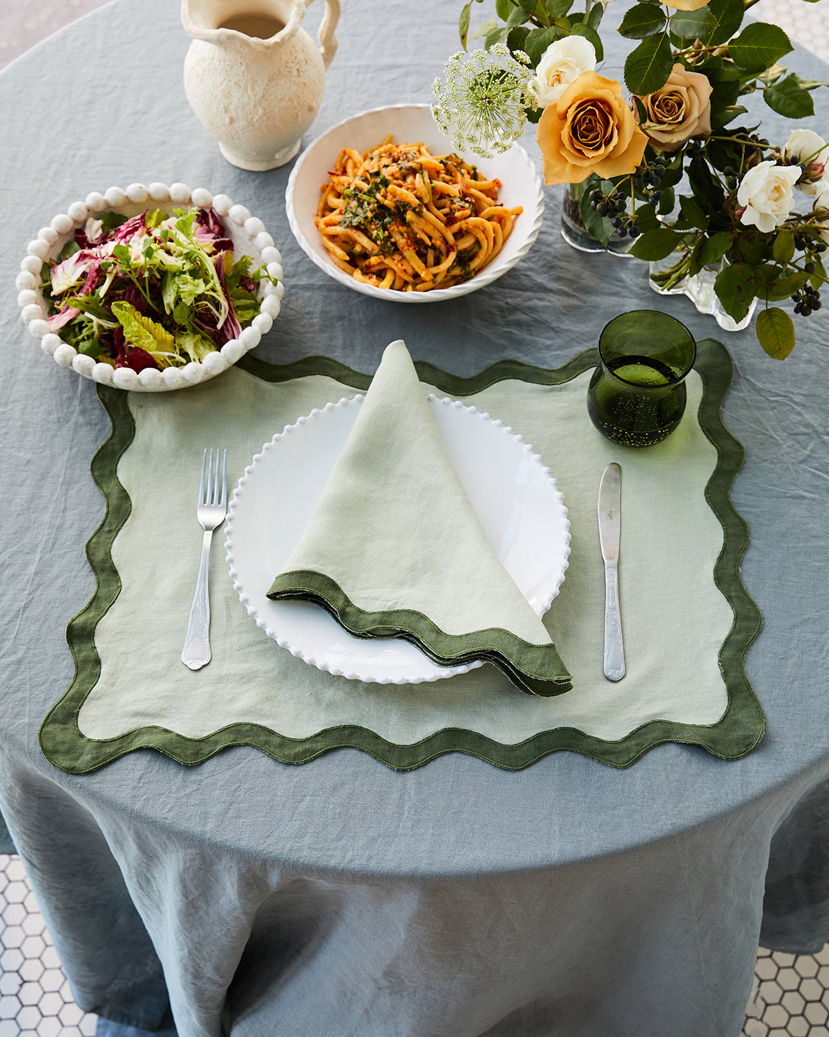Premium Sage & Olive 100% French Flax Linen Scalloped Placemats - Set of 4 Natural Eco-Friendly Table Mats for Farmhouse Dining, Wedding Decor & Rustic Home Decor