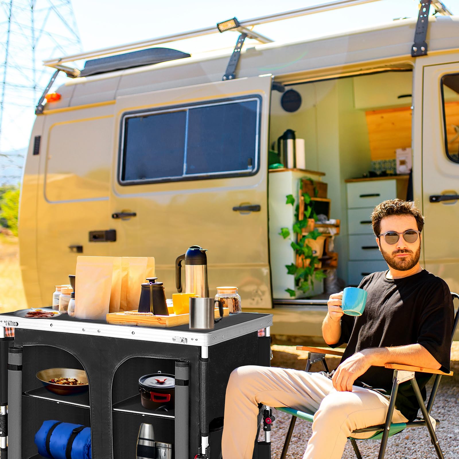 EAGLE PEAK Double Outdoor Folding Camping Table with 3-Tier Storage & Side Pockets - Portable Aluminum Camp Kitchen for Picnics, BBQs, Tailgating & RV Trips - Easy Setup Compact Design (Black)