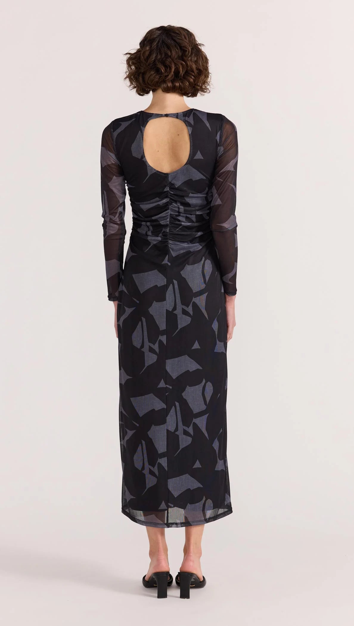 Aura Black Abstract Mesh Long Sleeve Midi Dress - Elegant Evening Wear for Parties & Special Occasions