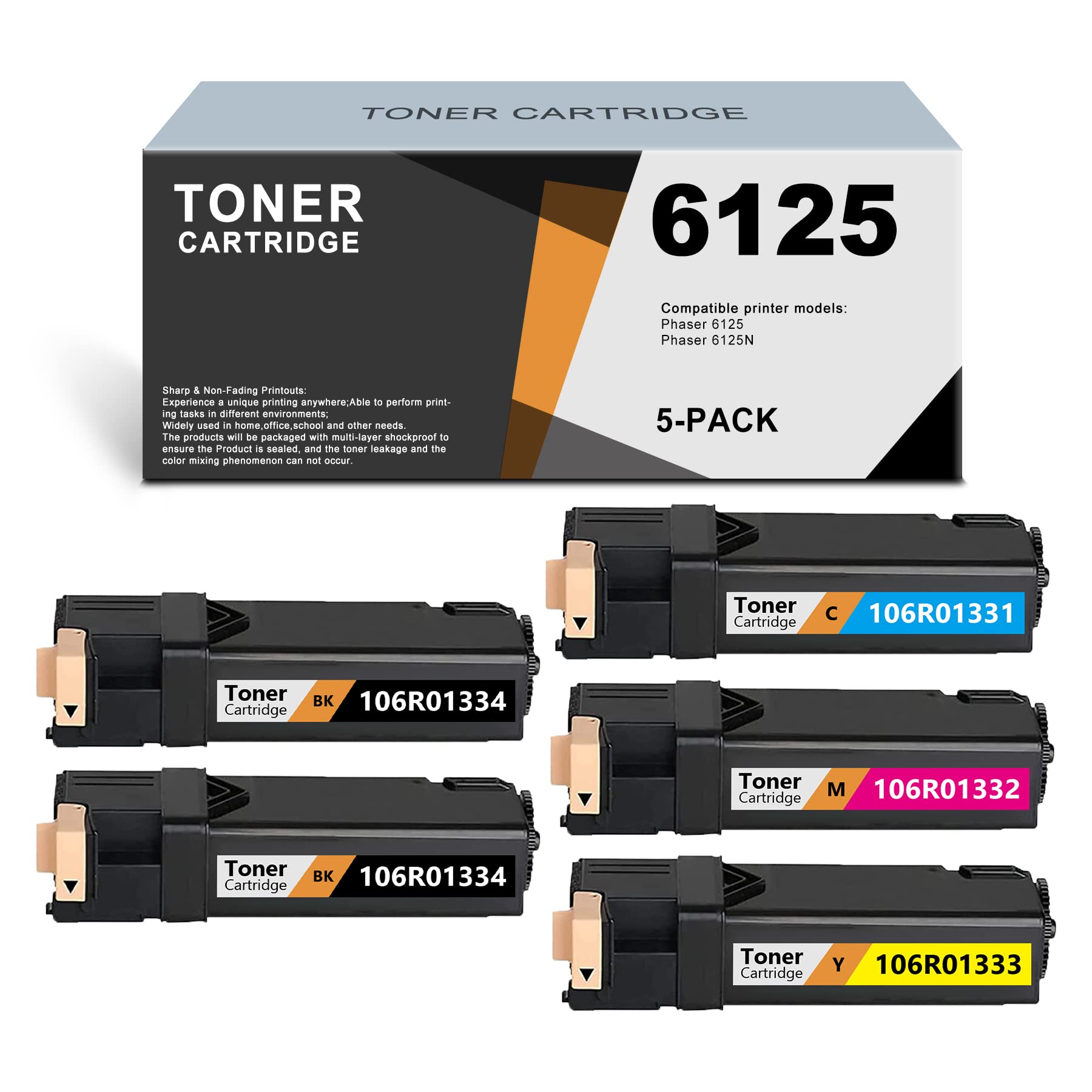 Xerox Phaser 6125/6125N Compatible Toner Cartridge Replacement (5-Pack, 2BK/C/M/Y) - High Yield Printer Ink for Office & Home Use - ARSEINK
