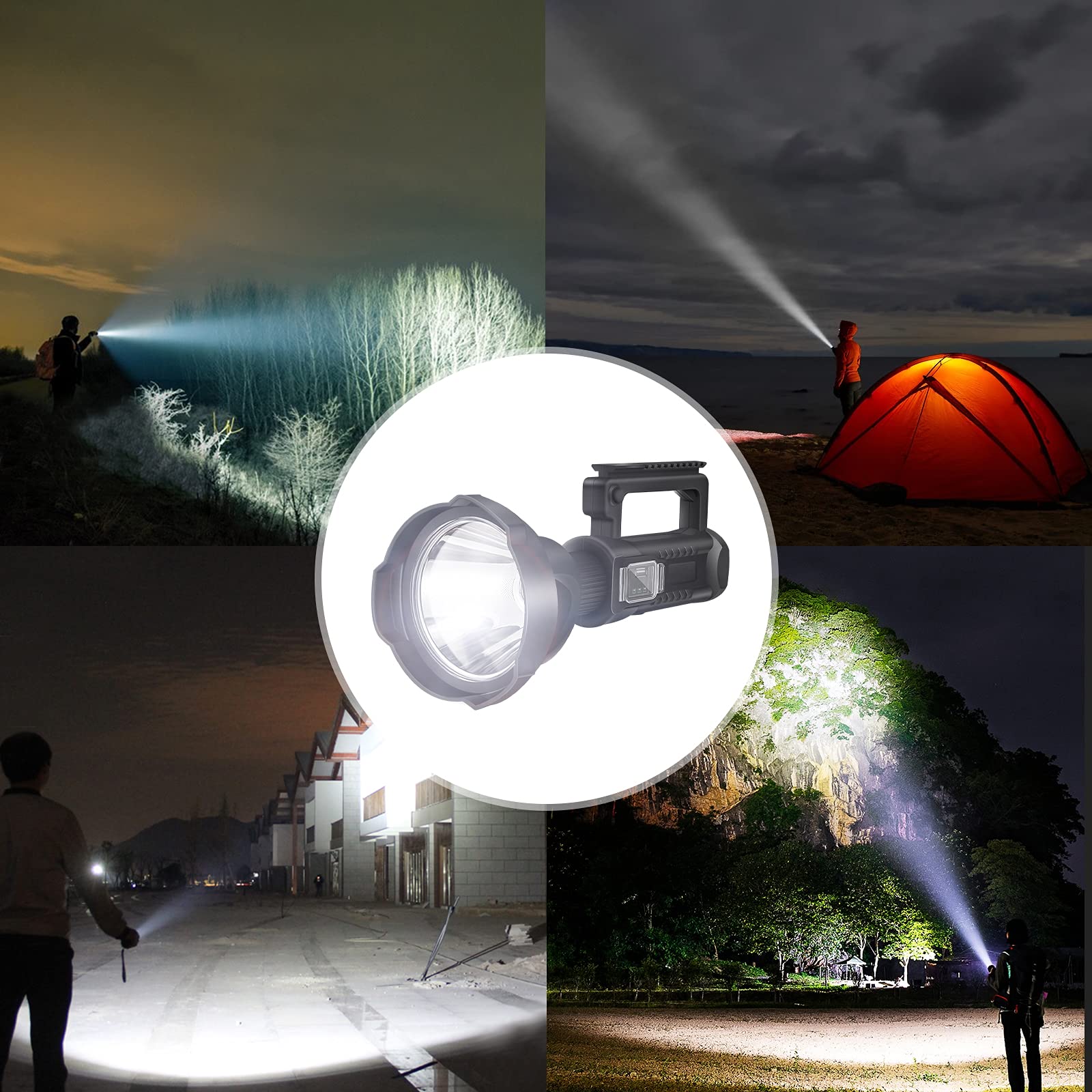 100,000 Lumens Rechargeable LED Spotlight Flashlight - Super Bright Waterproof Searchlight with 4 Modes, Tripod & Adjustable Handle - Perfect for Fishing, Hiking, Camping, Hunting, Emergency & Outdoor Adventures (Black)