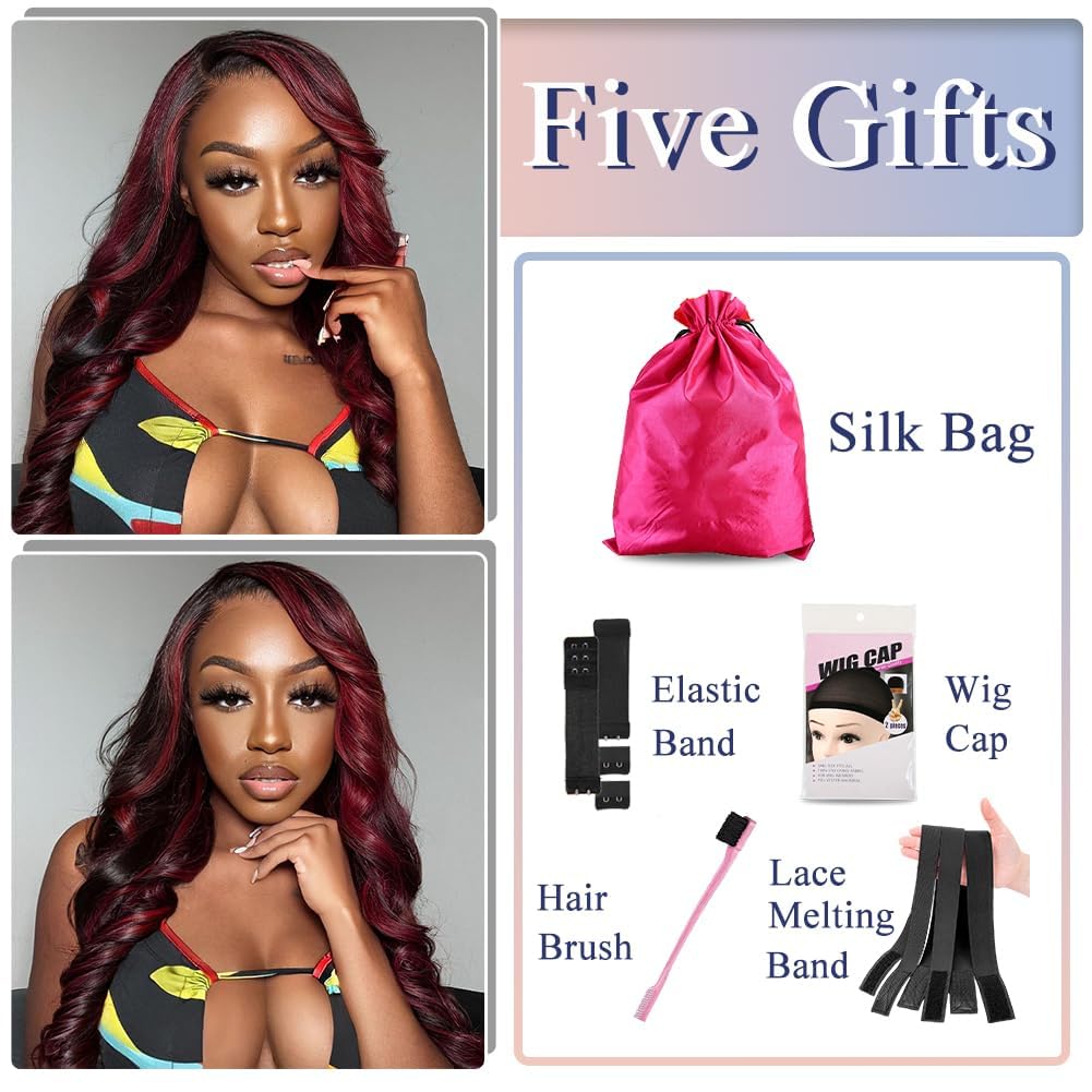 QNQZ 30inch Dark Burgundy Highlight Body Wave Human Hair Wig - 13x4 Lace Front, Pre Plucked with Baby Hair, 180% Density, Rose Red & Black Highlights | Perfect for Cosplay, Parties, and Everyday Glamour