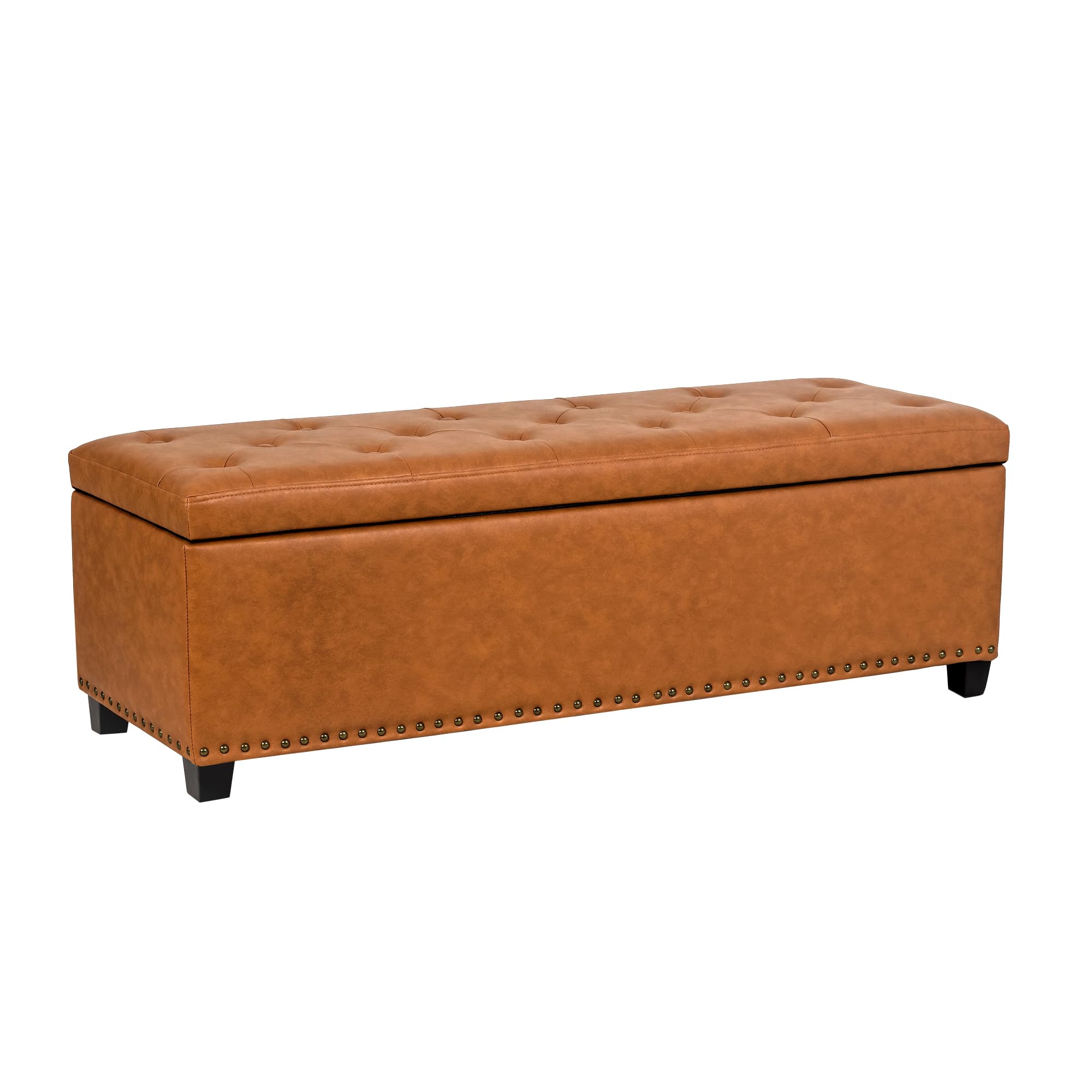 Joveco 47 Inch Tufted Leather Storage Ottoman Bench with Nailhead Trim - Dark Orange Footrest Stool for Bedroom, Living Room & Entryway - Multi-Functional Seat & Storage Solution