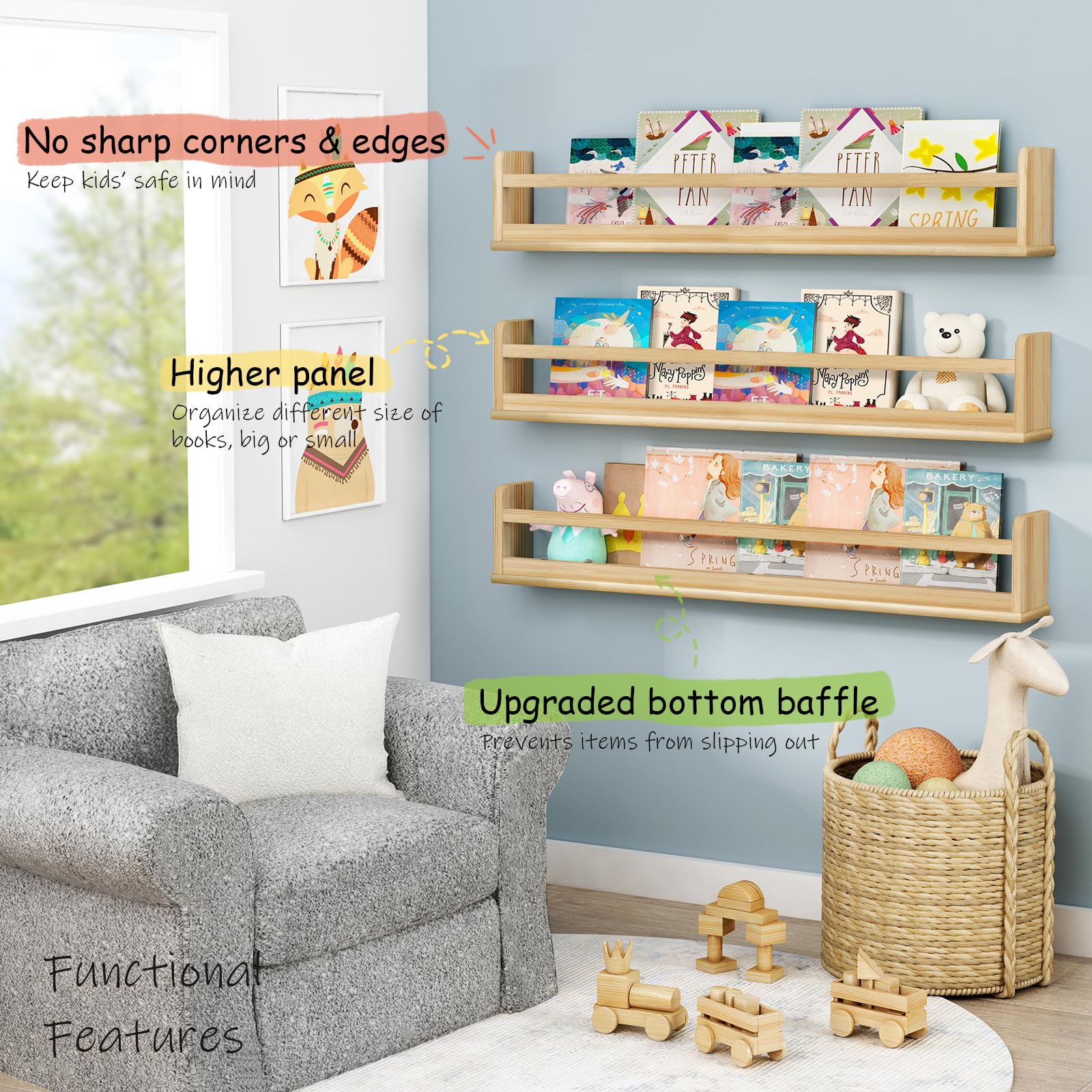Upgraded 36 Inch Wooden Wall Bookshelf for Kids - 3-Pack Natural Floating Shelves for Nursery, Bedroom & Living Room Decor - Perfect for Organizing Books, Toys & Displaying Decorations