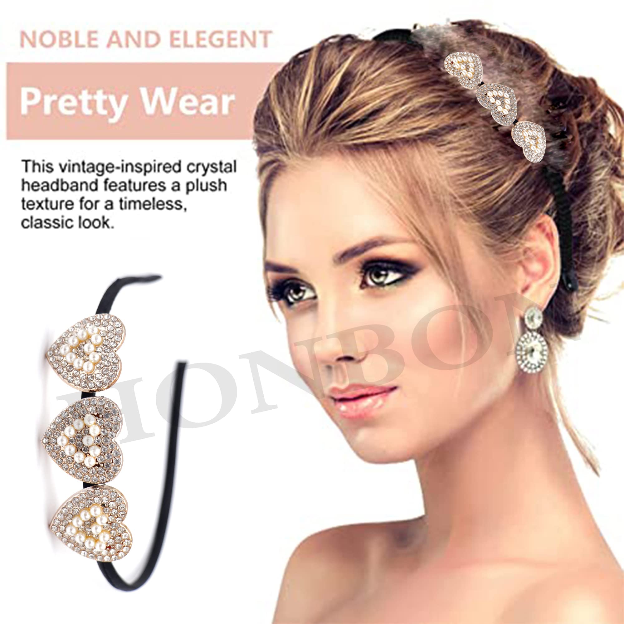 Golden & White Rhinestone Pearl Headband for Women - Elegant Wedding Hair Hoop with Heart Shape Design - Bridal Hair Accessories for Girls & Women (Pack of 2) - Perfect for Weddings, Parties & Special Occasions