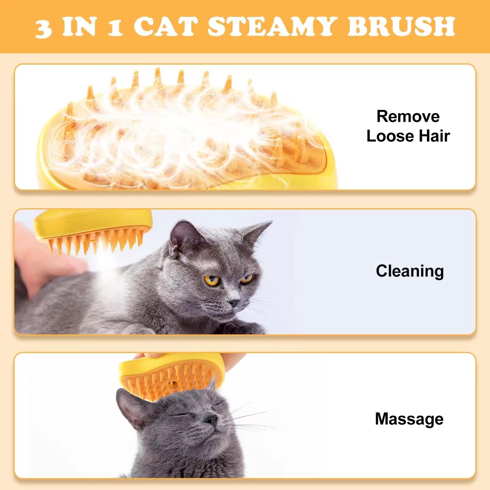 3-in-1 Steamy Pet Grooming Brush for Cats & Dogs - Self-Cleaning Cat Brush with Steam & Spray Function | Gentle Detangling, Hair Removal & Massage | Perfect for Long/Short Haired Pets at Home or Grooming Salons